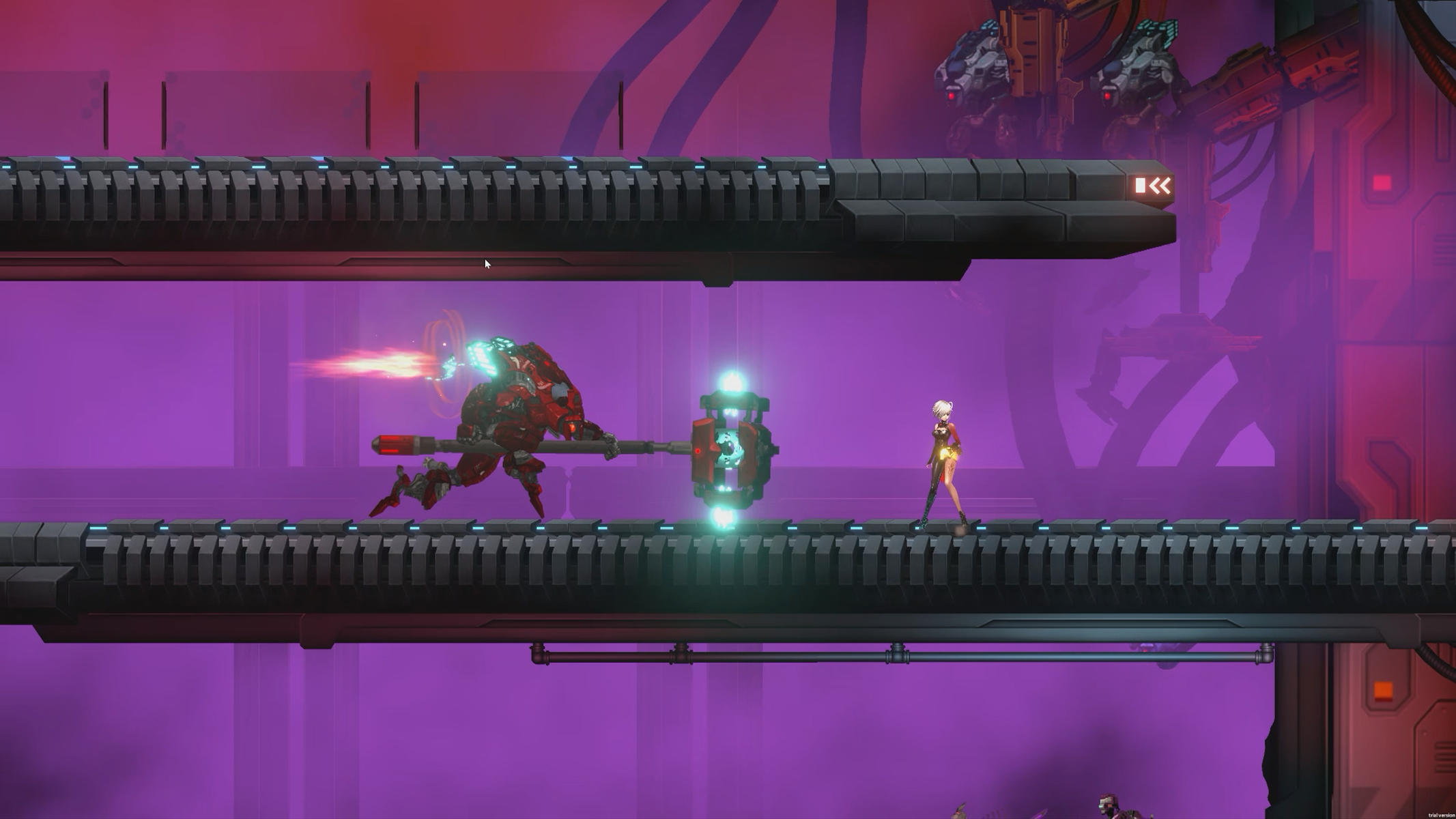 Escena de videojuego con un personaje disparando a un enemigo robótico en una plataforma.