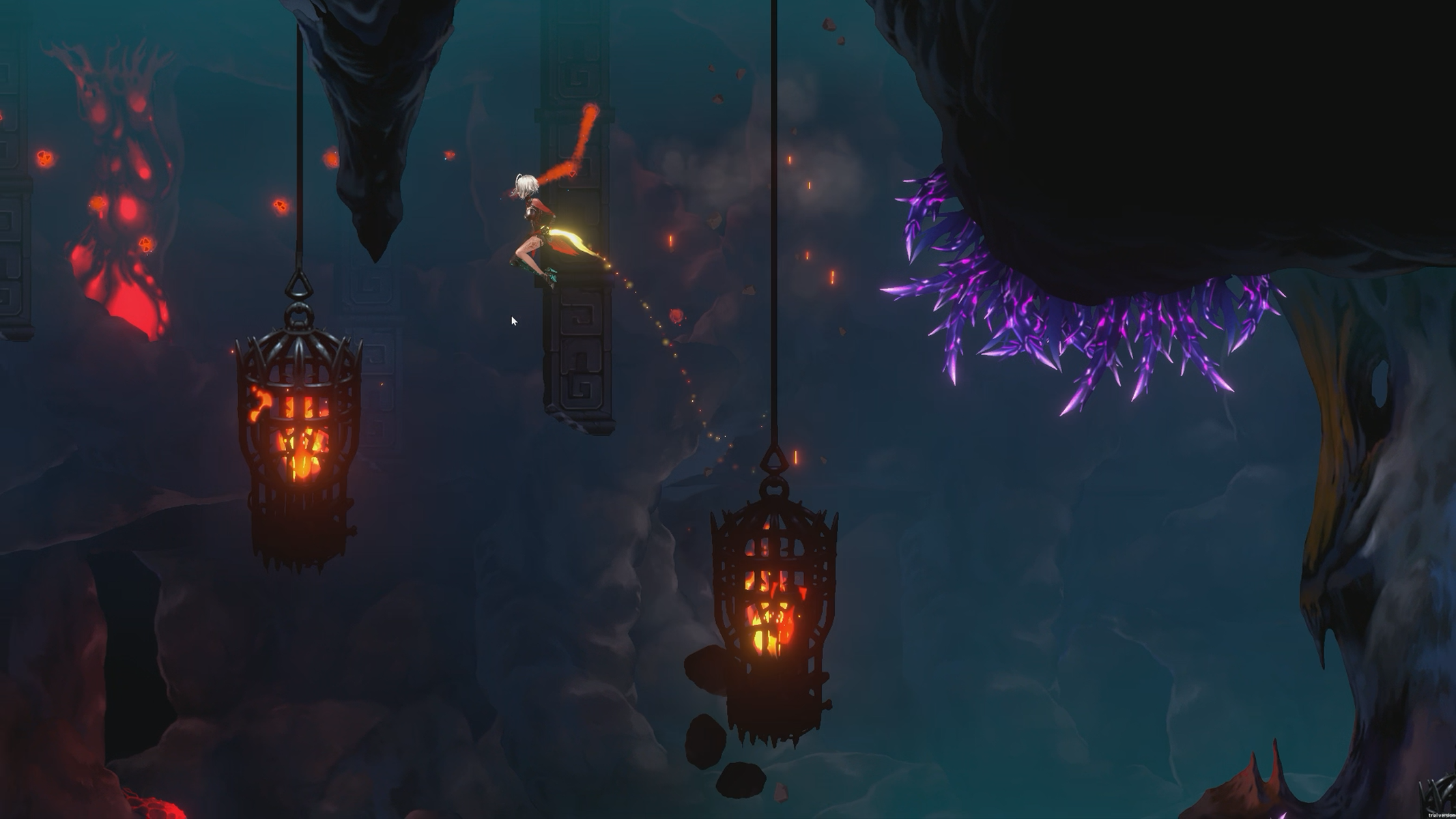 Personaje de juego saltando entre plataformas. Fondo oscuro de cueva con elementos brillantes.