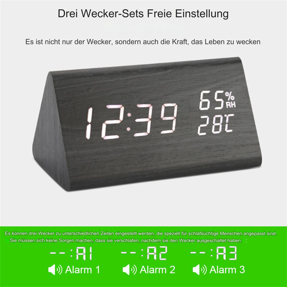 Eine digitale Holzwanduhr, die Zeit und Temperatur mit drei Alarmeinstellungen anzeigt.