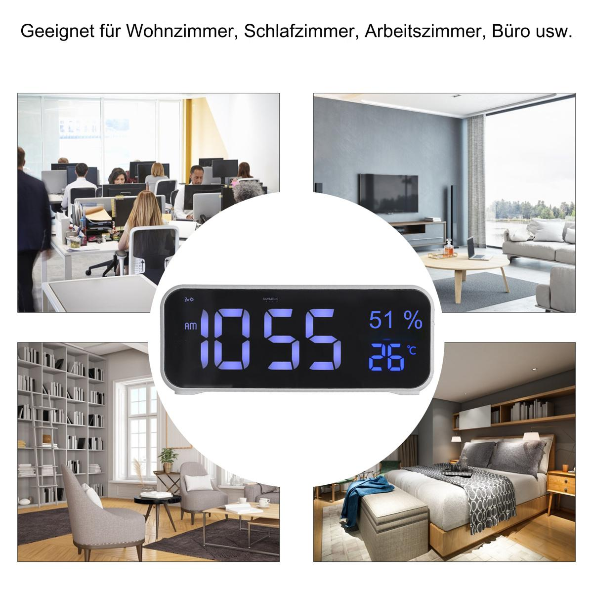 Digitaluhr mit Zeit- und Temperaturanzeige. Gezeigt in verschiedenen Umgebungen: Büro, Schlafzimmer usw.