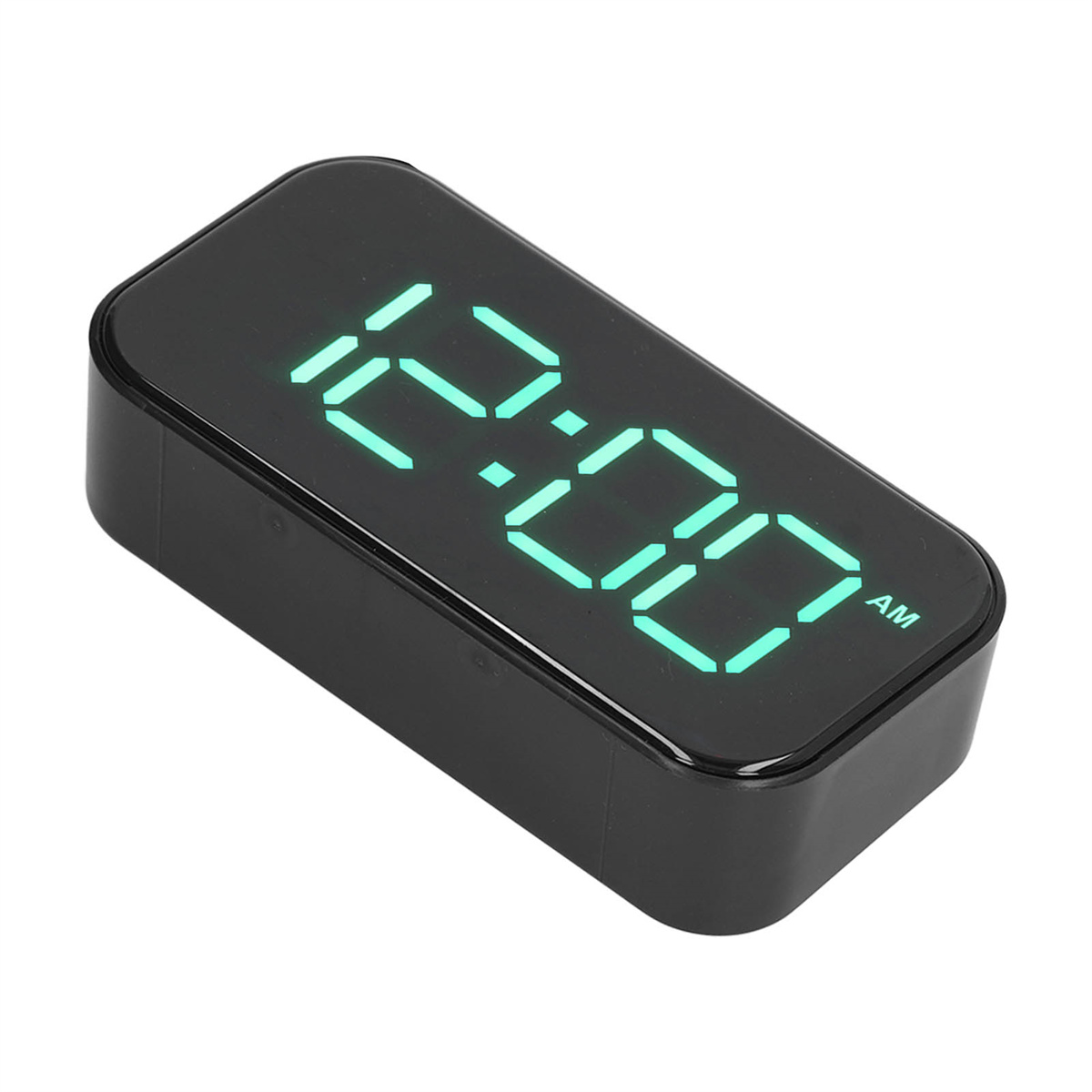 Schwarzer digitaler Wecker zeigt 12:00 AM an, mit schwarzem Hintergrund.