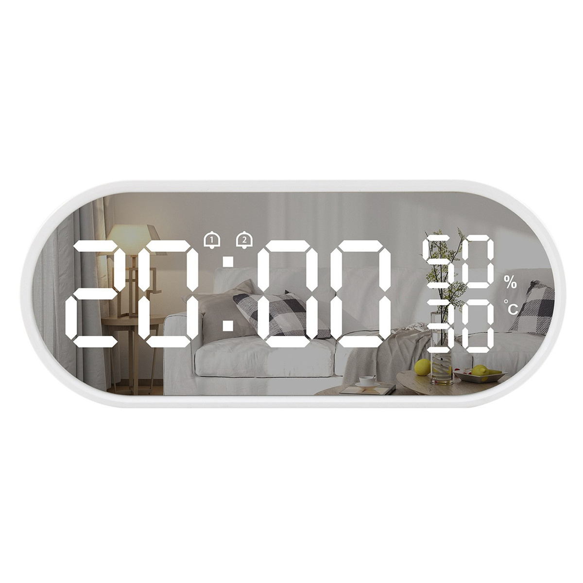 Digitaluhr zeigt 20:00 Uhr, Luftfeuchtigkeit und Temperatur auf einer Spiegelfläche.