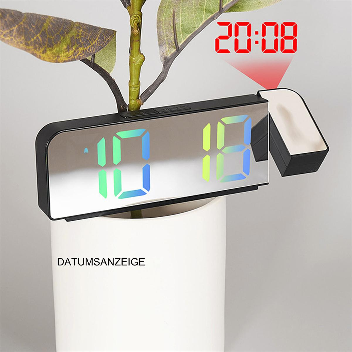 Eine Digitaluhr mit grünen und blauen Zahlen, die 10:18 anzeigt, und einer roten 20:08-Projektion.