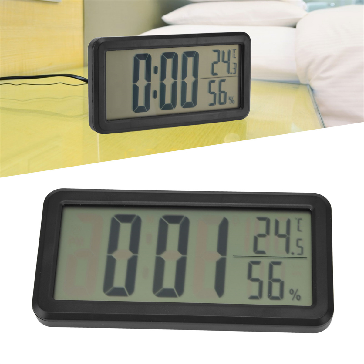 Zwei Digitaluhren, die Zeit, Temperatur und Luftfeuchtigkeit anzeigen.