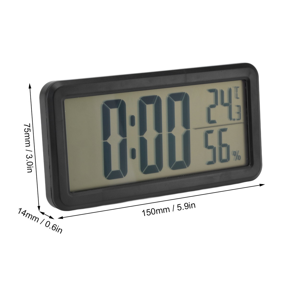 Schwarze Digitaluhr mit Anzeige von Zeit, Temperatur und Luftfeuchtigkeit.