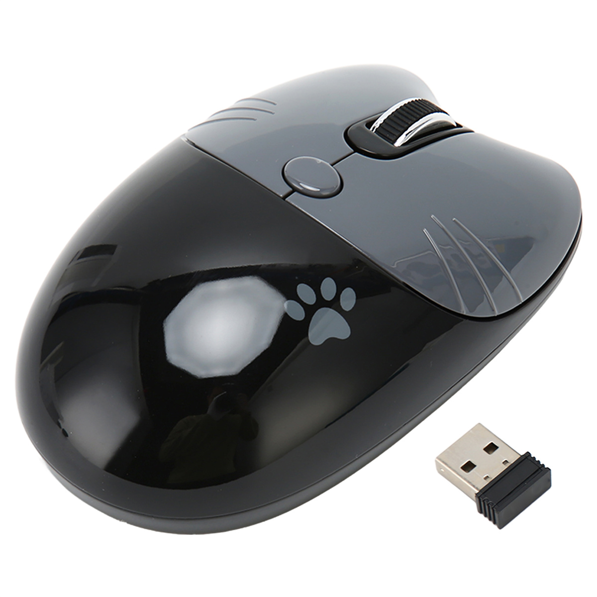 Eine schwarz-graue Computermaus in Katzenform mit Pfotenabdruck und USB-Empfänger.
