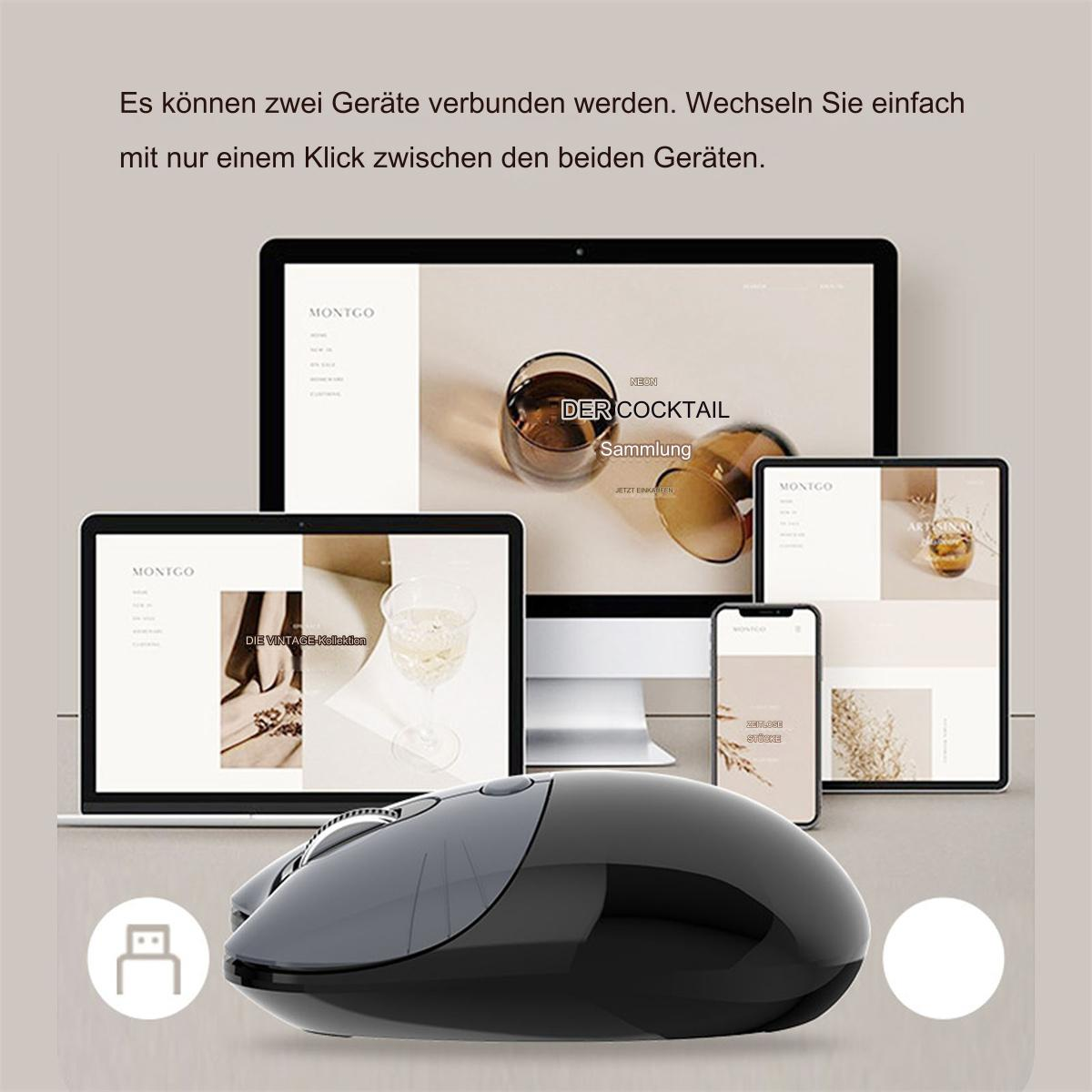 Eine kabellose Maus neben mehreren Geräten, einem Computerbildschirm, Tablet und Telefon.