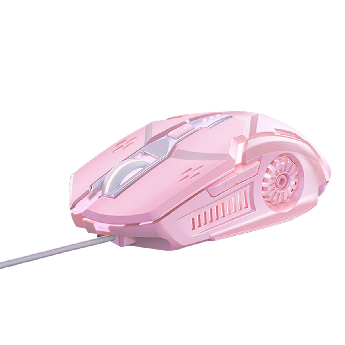 Eine pinkfarbene Gaming-Maus mit Kabelanschluss, mehreren Tasten und futuristischem Design.
