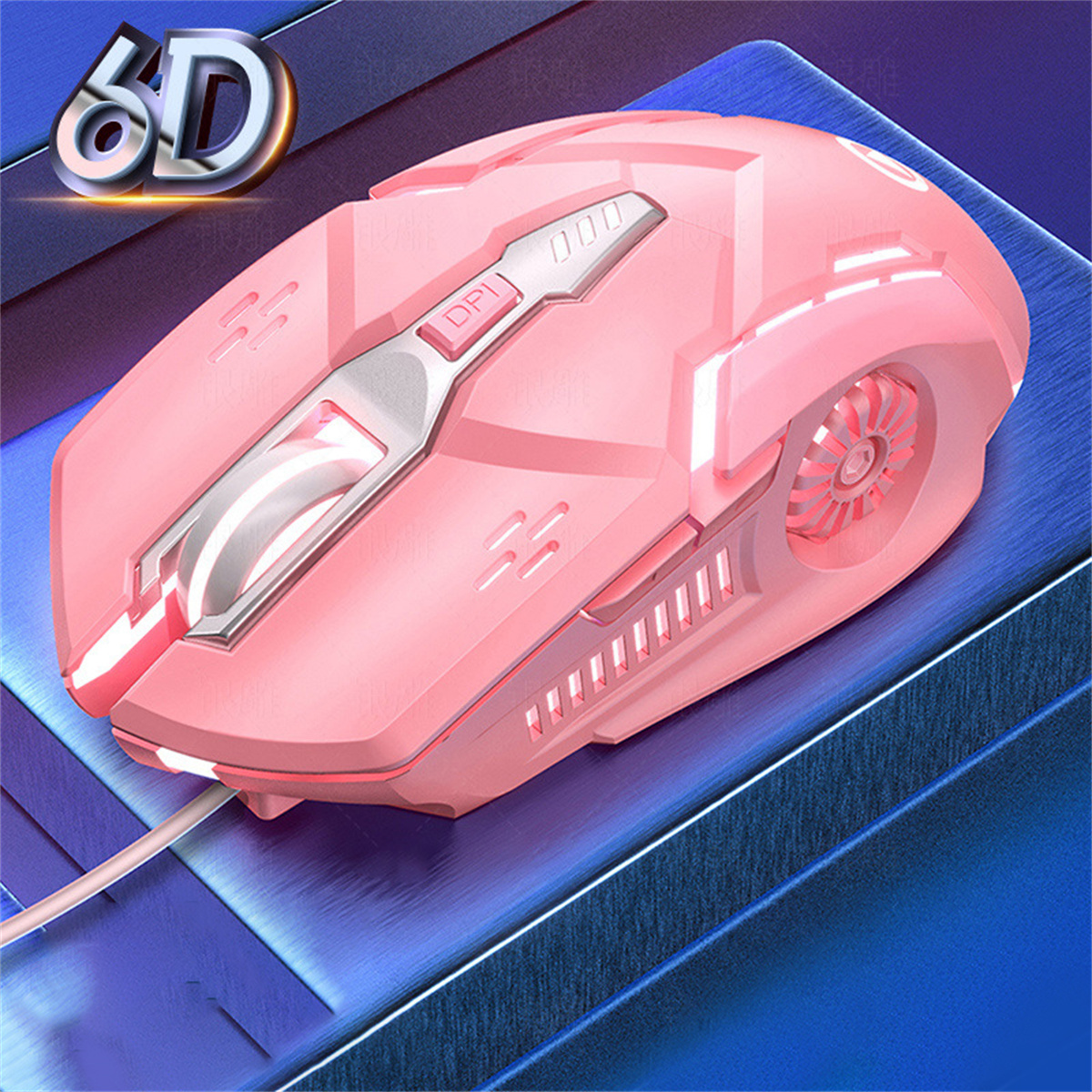 Pinke Gaming-Maus mit mehreren Tasten und einem Scrollrad.