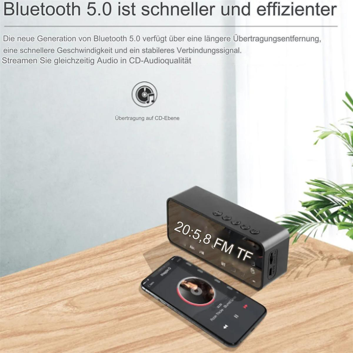 Ein kleiner schwarzer Lautsprecher und ein Smartphone, das eine Musik-App anzeigt.