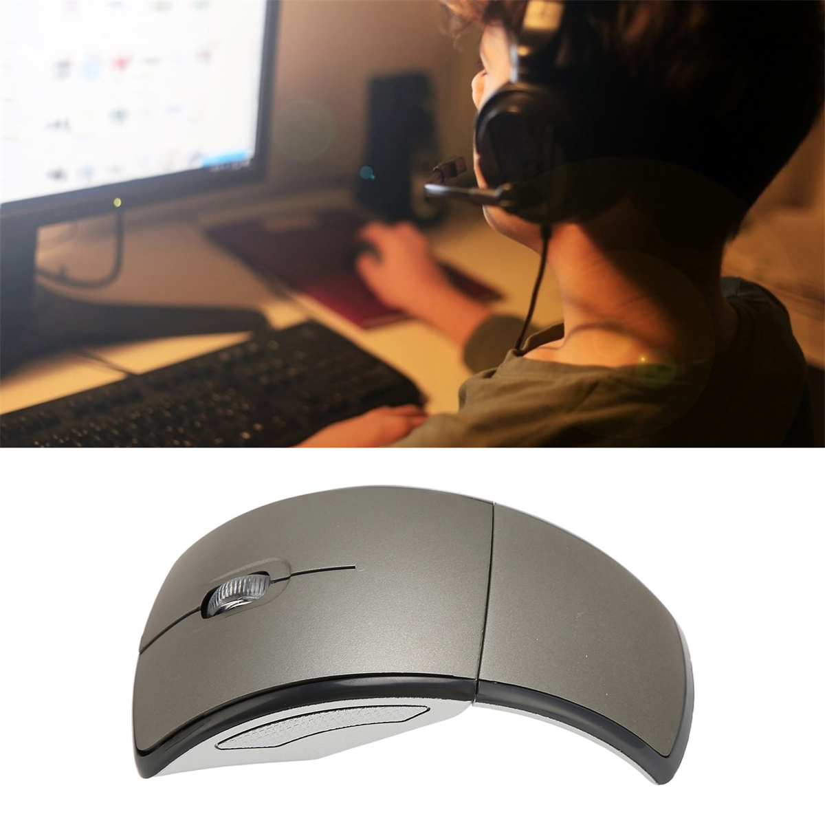 Eine Person, die einen Computer benutzt, mit einer kabellosen Maus im Vordergrund.