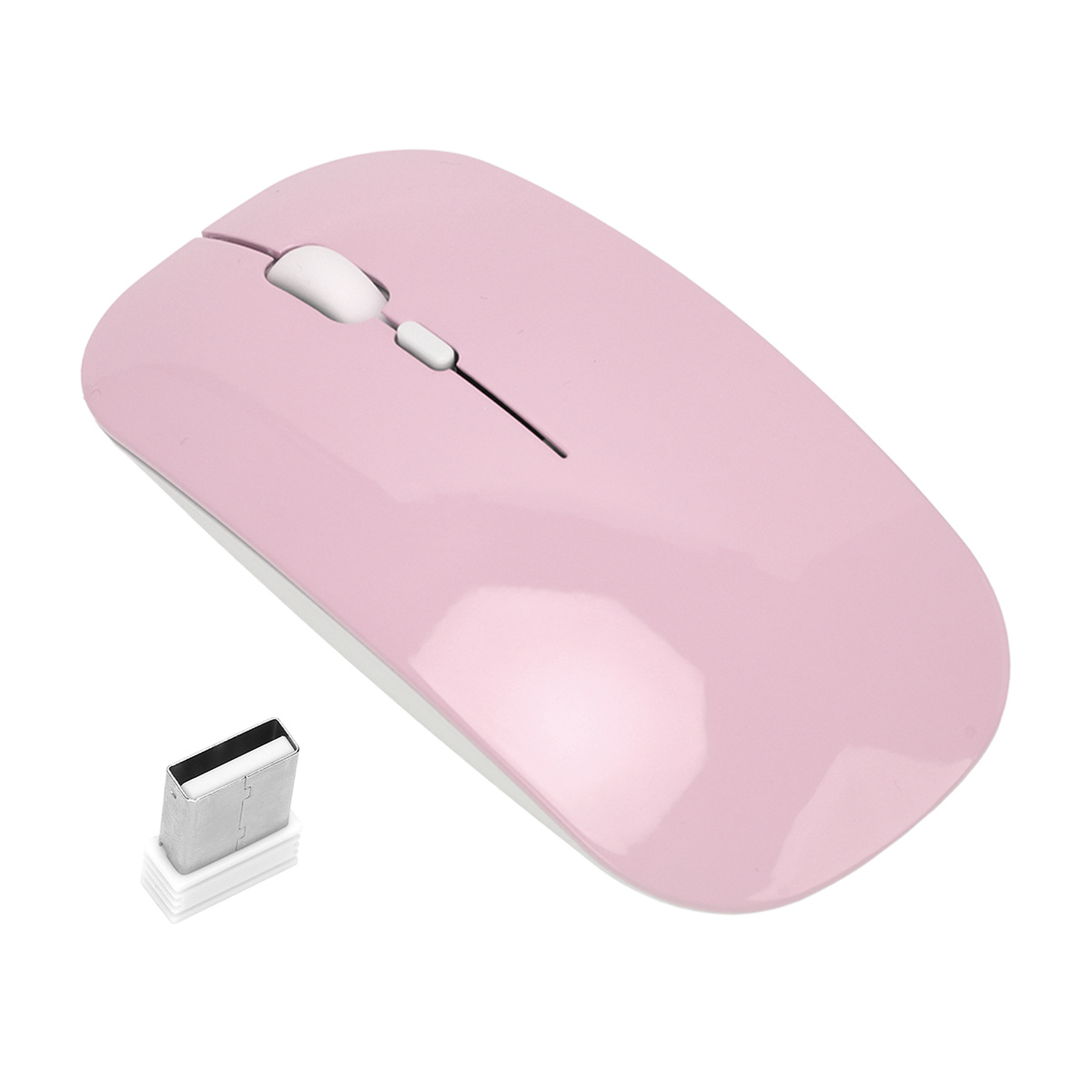 Rosa kabellose Maus und USB-Empfänger auf weißem Hintergrund.