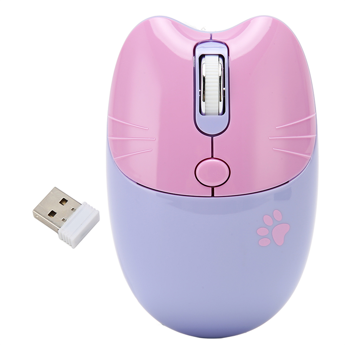Eine rosa und lila katzenförmige Maus mit USB-Empfänger auf weißer Oberfläche.
