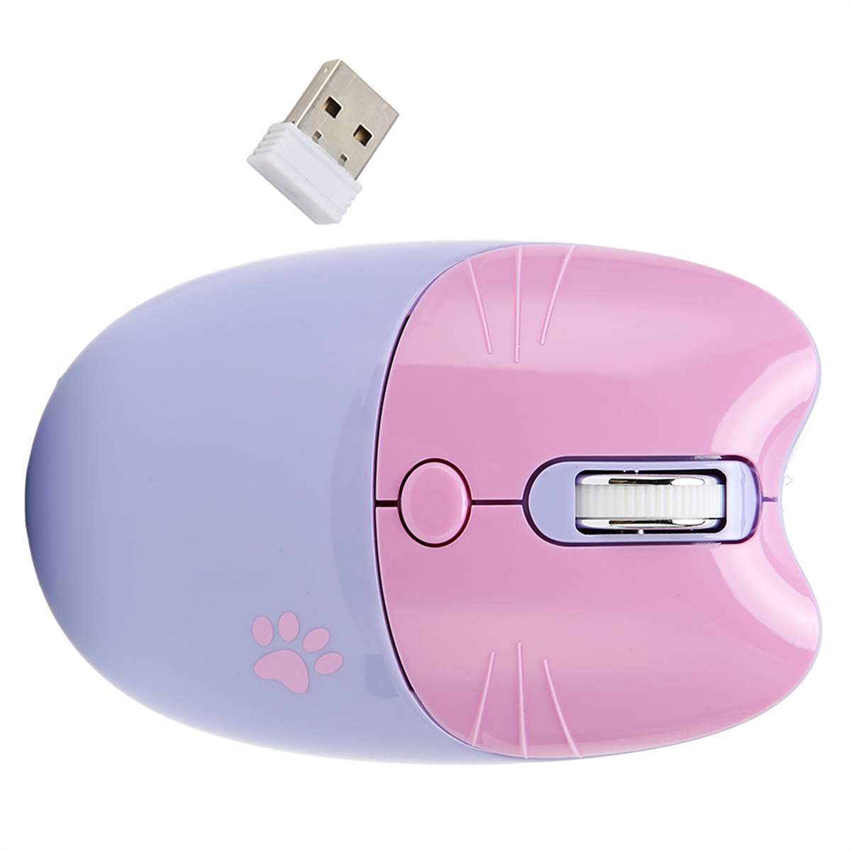 Eine rosa-lila Katze-förmige drahtlose Maus mit einem USB-Empfänger.