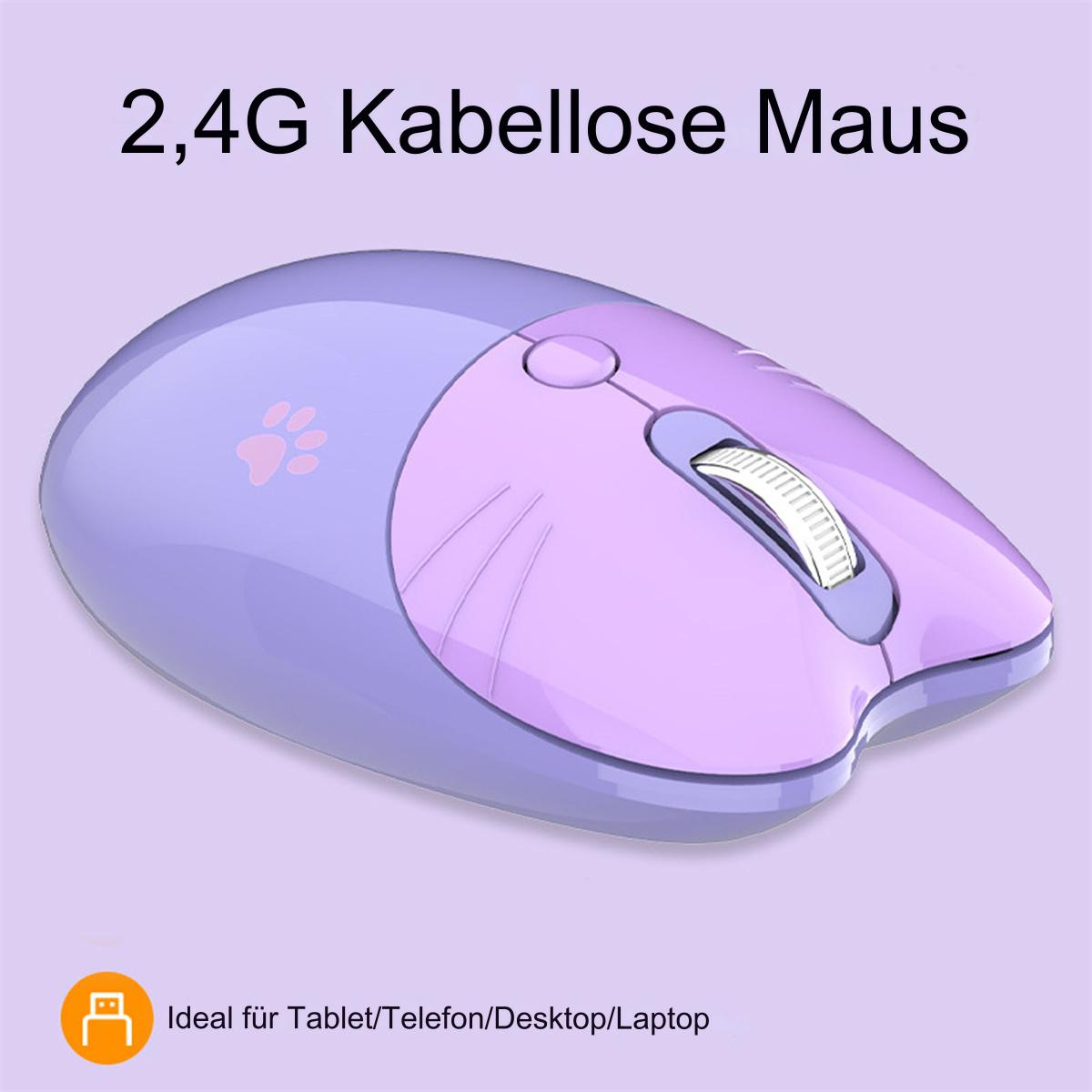 Eine lila kabellose Maus mit Katzen-Gesicht-Design. Text sagt: "2,4G Kabellose Maus".