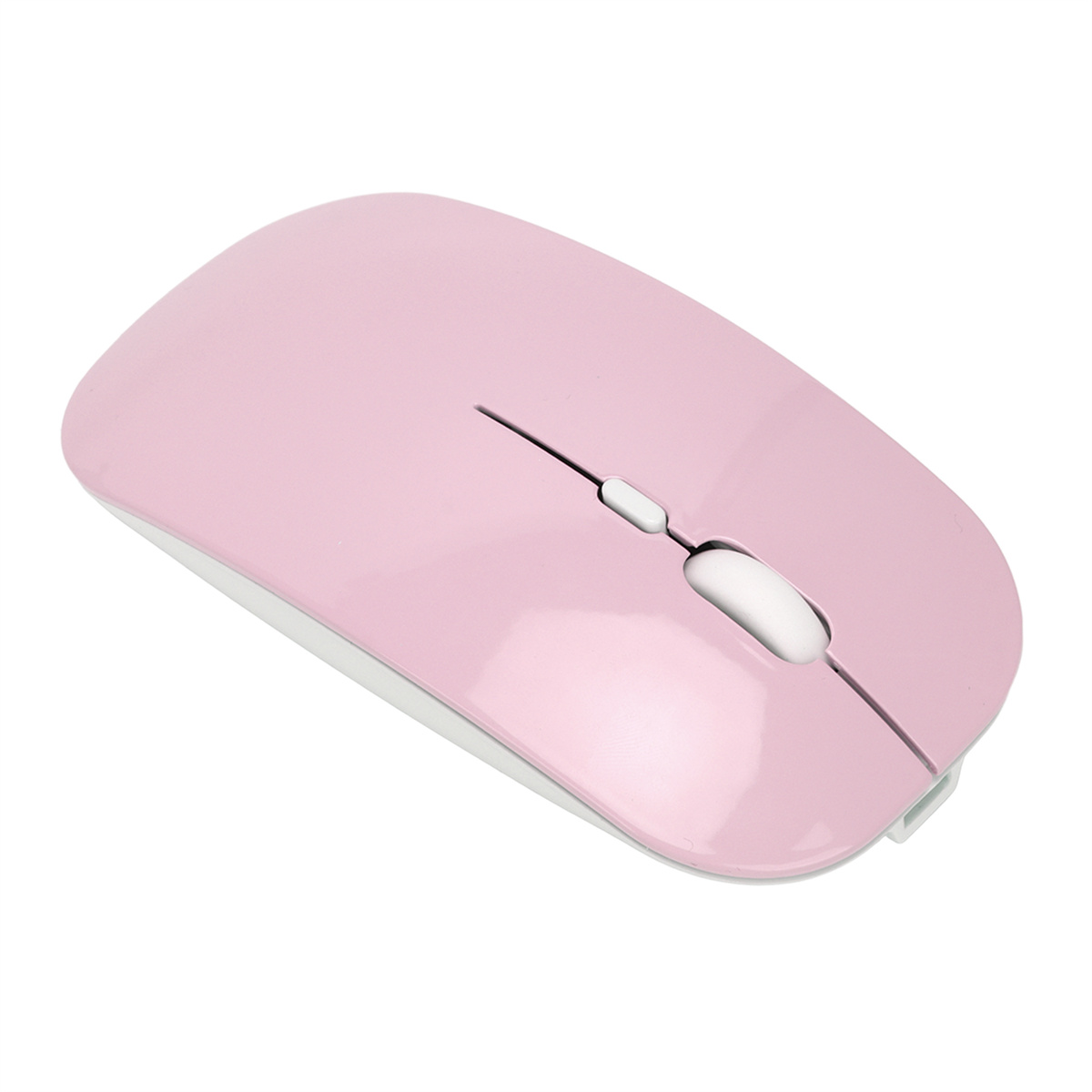 Rosa kabellose Maus mit weißem Scrollrad und Tasten. Weißer Hintergrund.