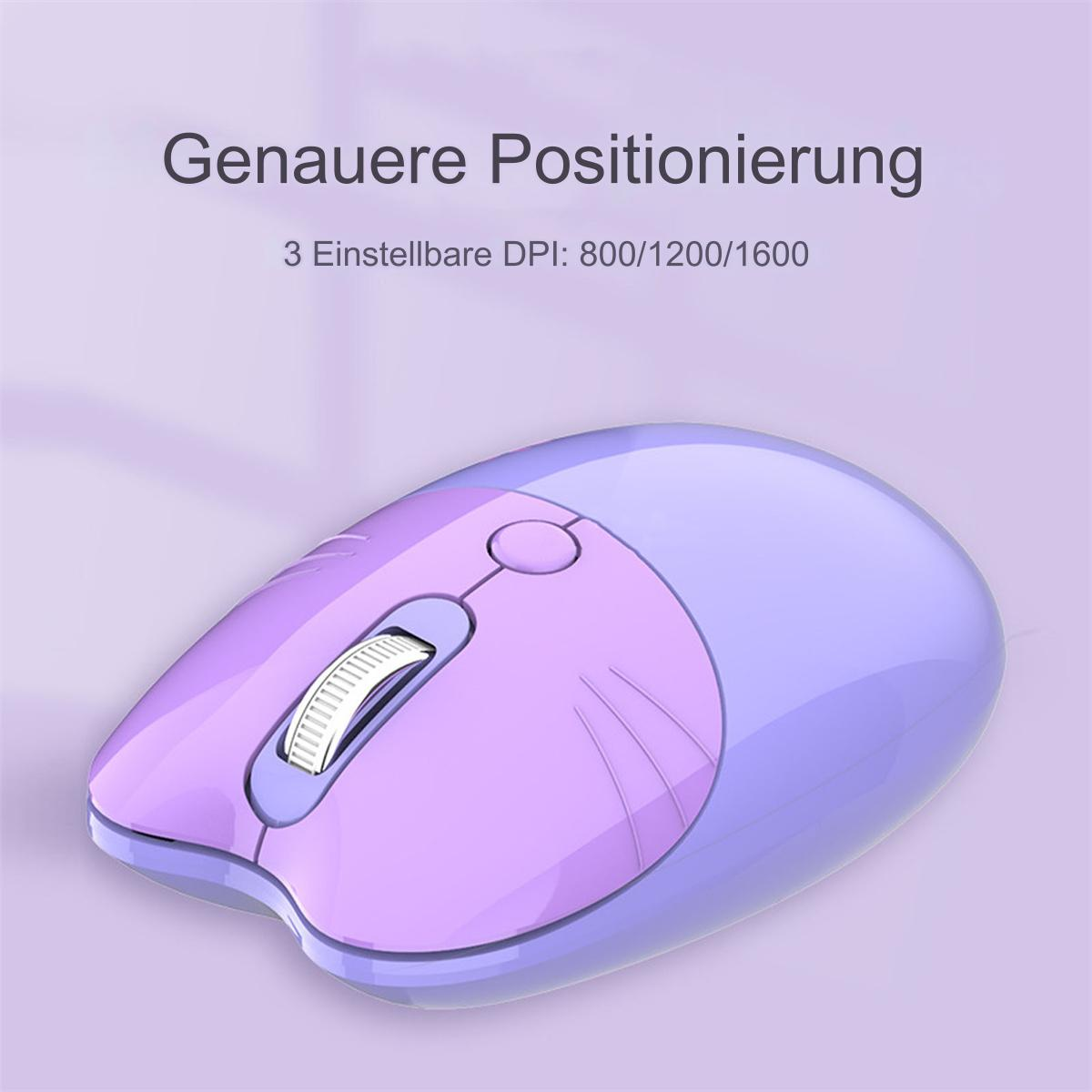 Eine lila und lavendelfarbene Maus mit Scrollrad und Text zu DPI-Einstellungen.