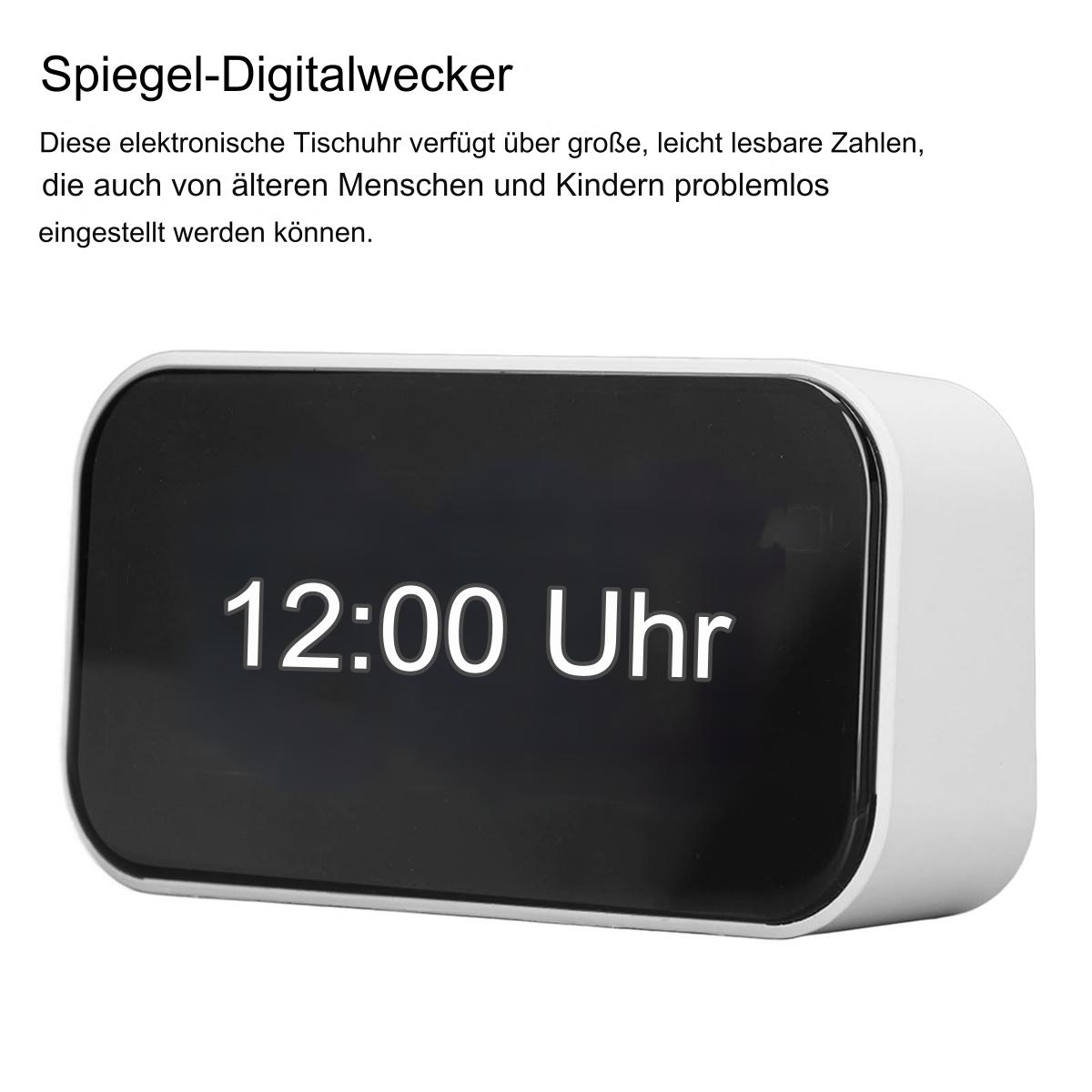 Weiße Digitaluhr mit großen Ziffern, die 12:00 Uhr anzeigen.