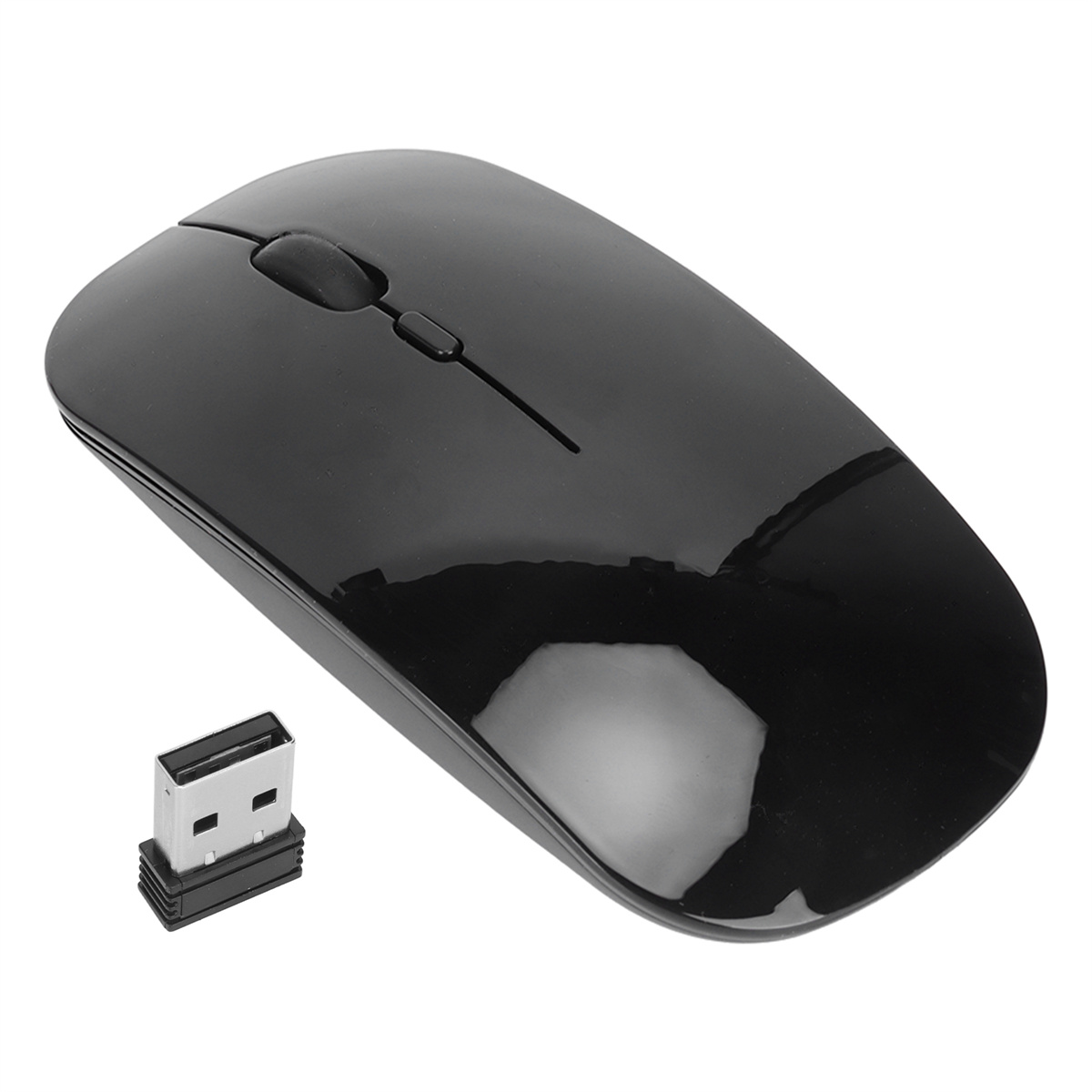 Schwarze drahtlose Maus und ein USB-Empfänger auf weißem Hintergrund.