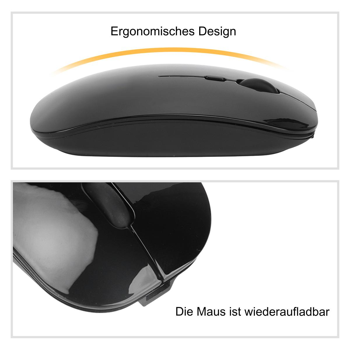 Schwarze kabellose Maus. Draufsicht zeigt die Maus, Seitenansicht zeigt einen Ladeanschluss.