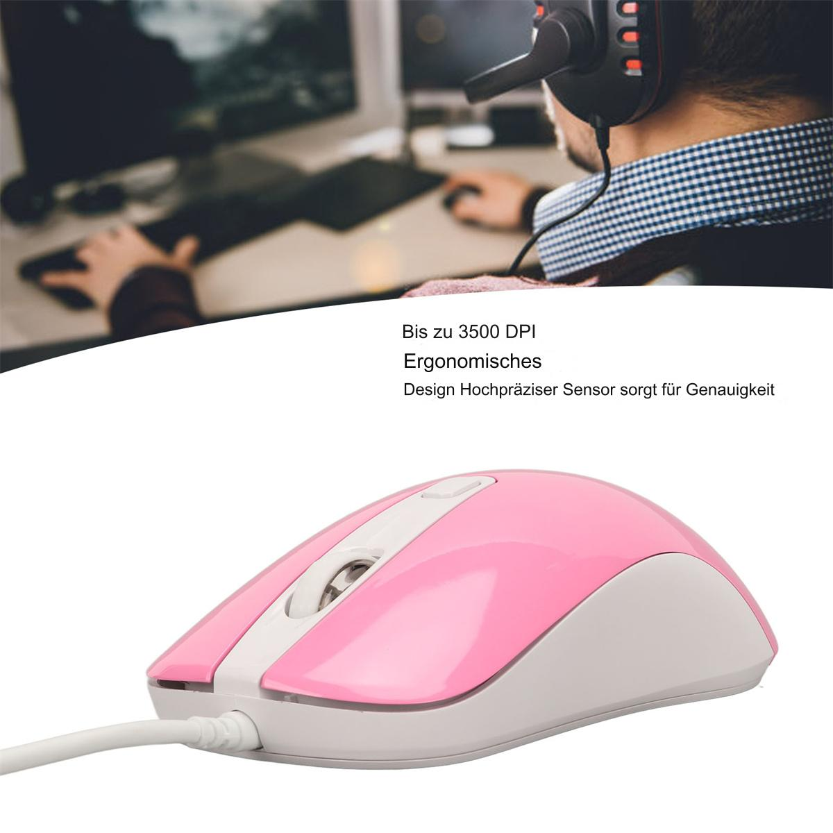 Rosa-weiße Gaming-Maus. Mann mit Headset im Hintergrund.