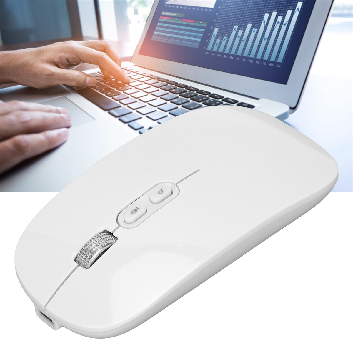 Weiße Maus, Hand benutzt sie mit Diagramm am Computer.