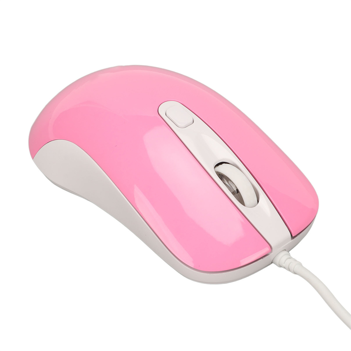 Pinkfarbene Computermaus mit weißen Tasten und einem Scrollrad. Verbunden mit einem weißen Kabel.