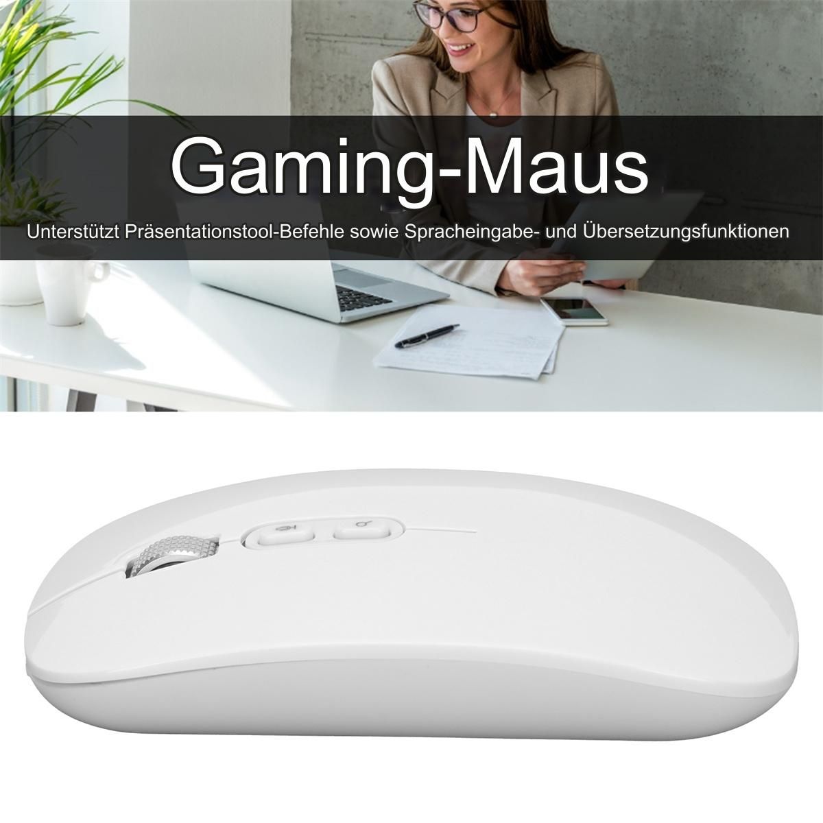 Weiße Gaming-Maus auf einem Tisch mit einer Frau im Hintergrund, die einen Laptop benutzt.