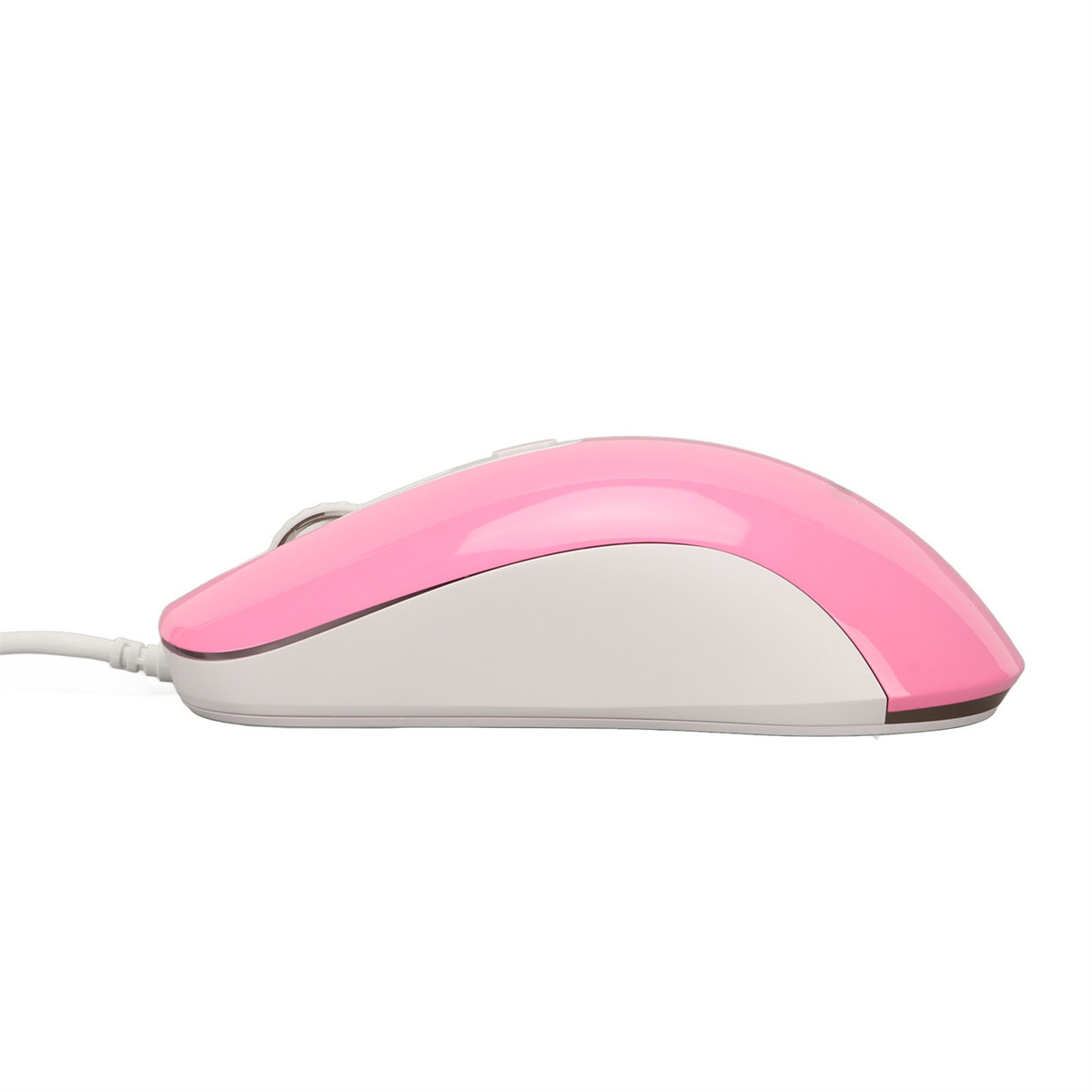 Rosa und weiße Computermaus auf weißem Hintergrund, Seitenansicht.