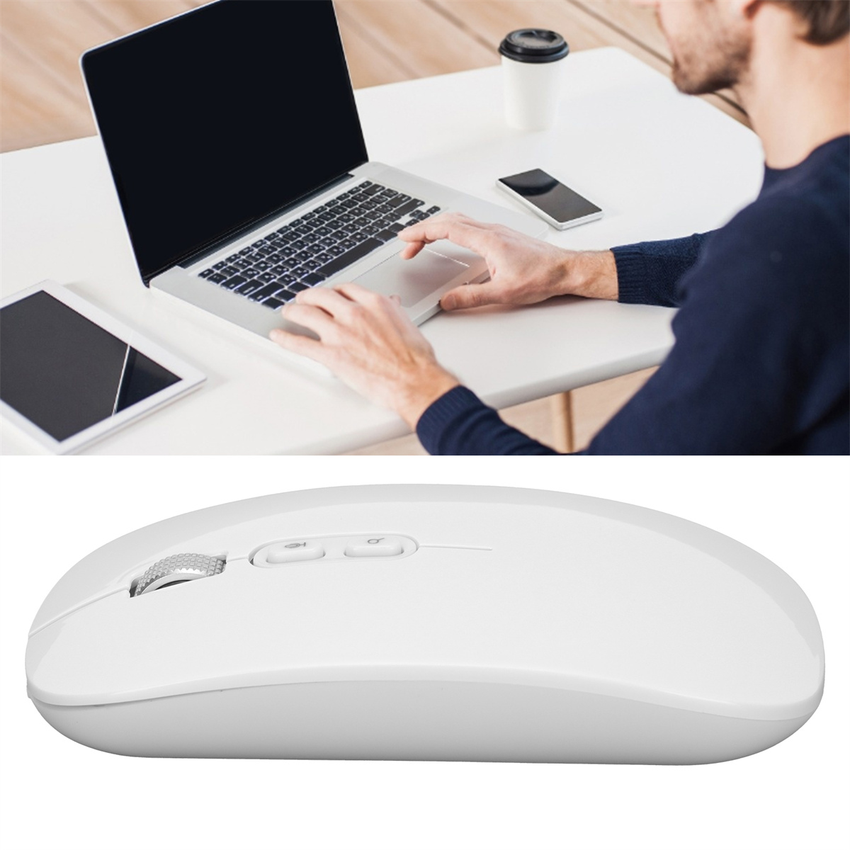 Eine weiße Maus auf einem Tisch, mit einem Laptop, Tablet und Händen einer Person sichtbar.