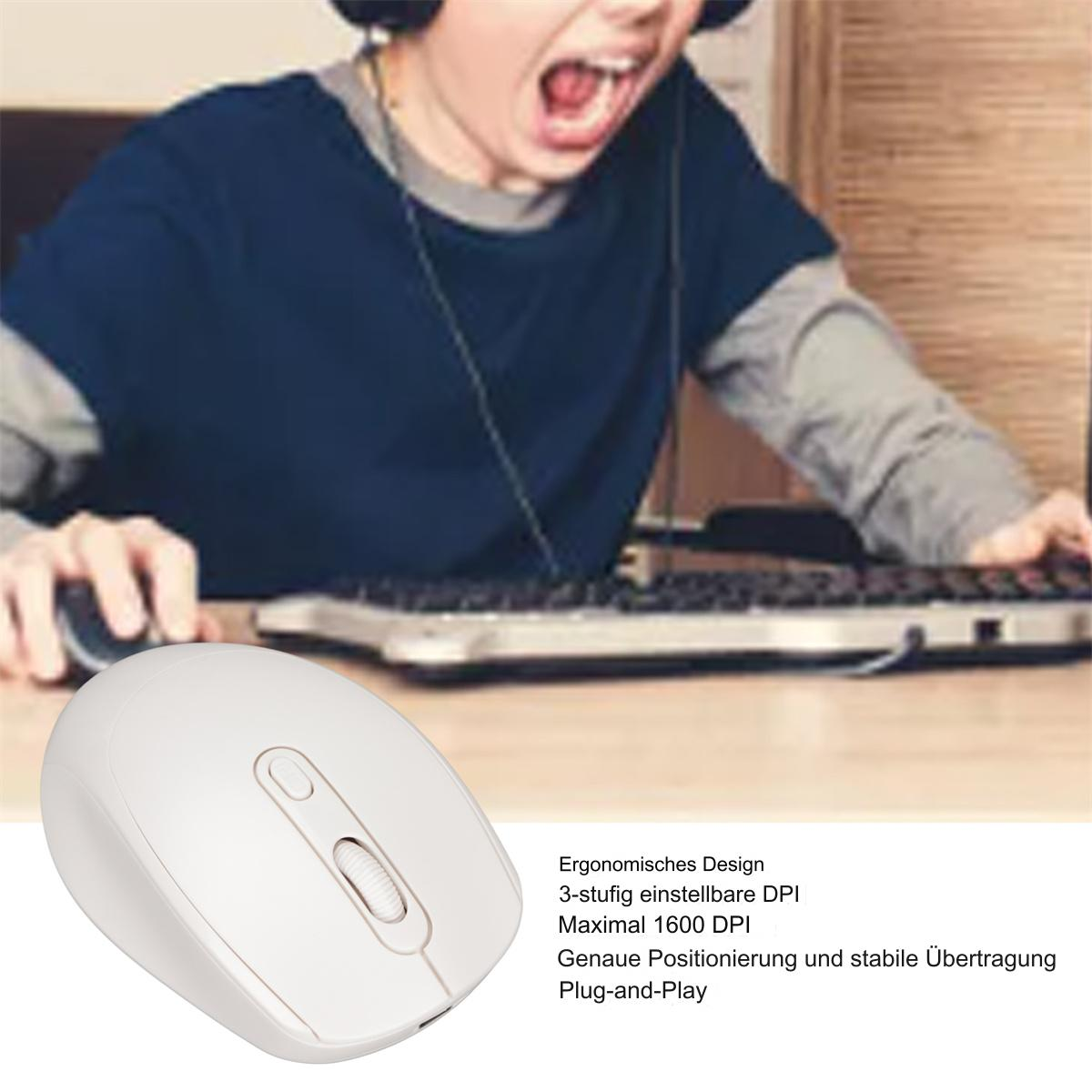 Weiße Maus auf einem Schreibtisch, Text erwähnt ergonomisches Design und 1600 DPI.