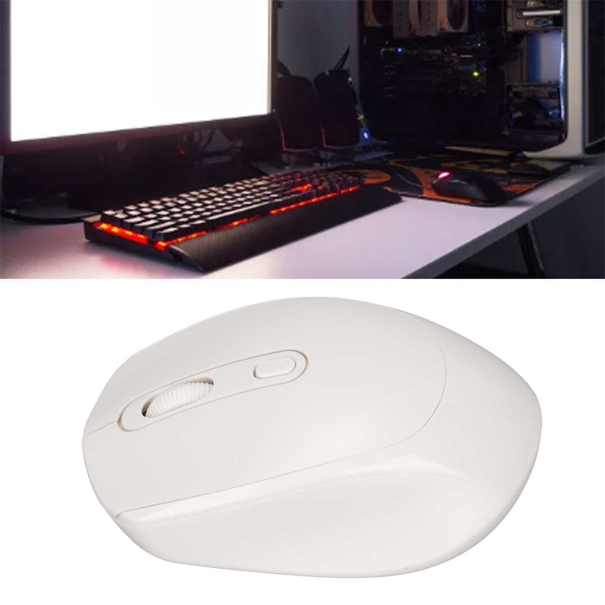 Gaming-Setup: Tastatur mit roten Lichtern, Maus und Computer. Weißer Schreibtisch.