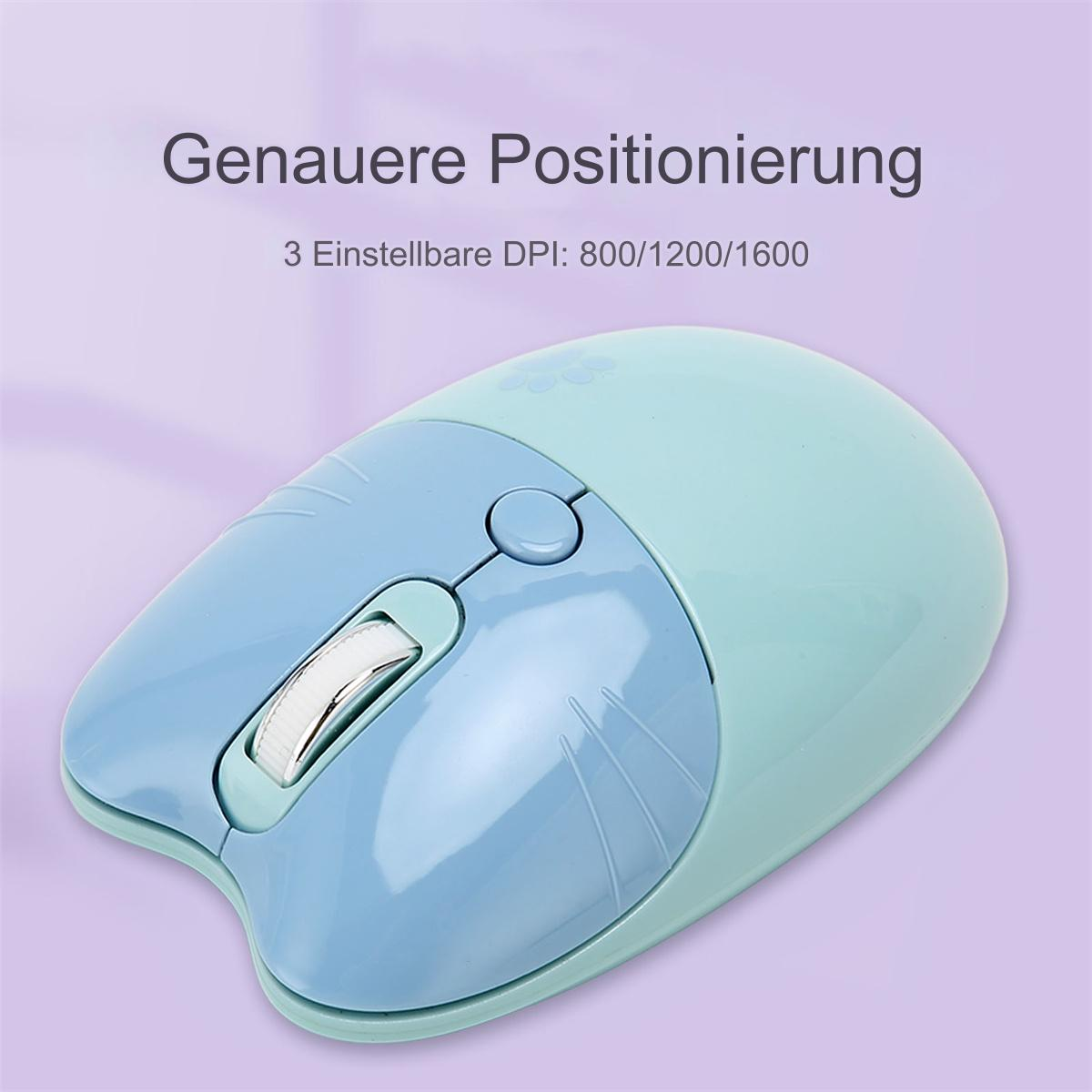 Eine türkise und blaue kabellose Maus mit drei DPI-Einstellungen, auf lila Hintergrund.