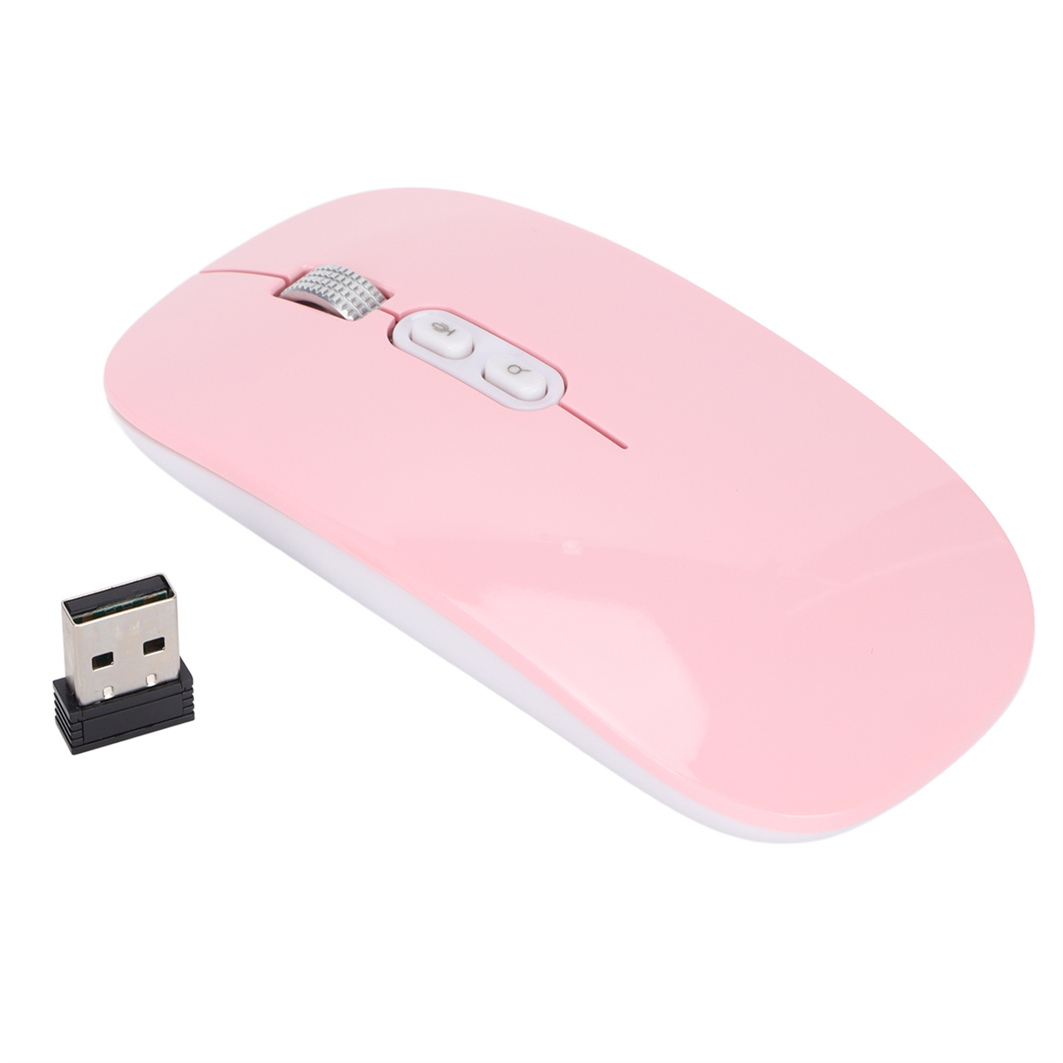 Pinke kabellose Maus mit USB-Empfänger, weißer Hintergrund.