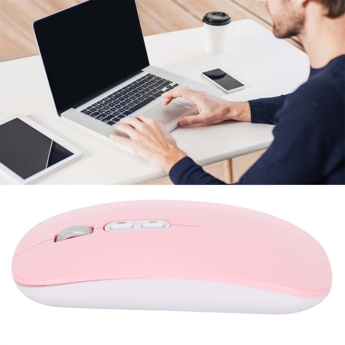 Eine Person arbeitet an einem Laptop mit einer pinkfarbenen drahtlosen Maus im Vordergrund.