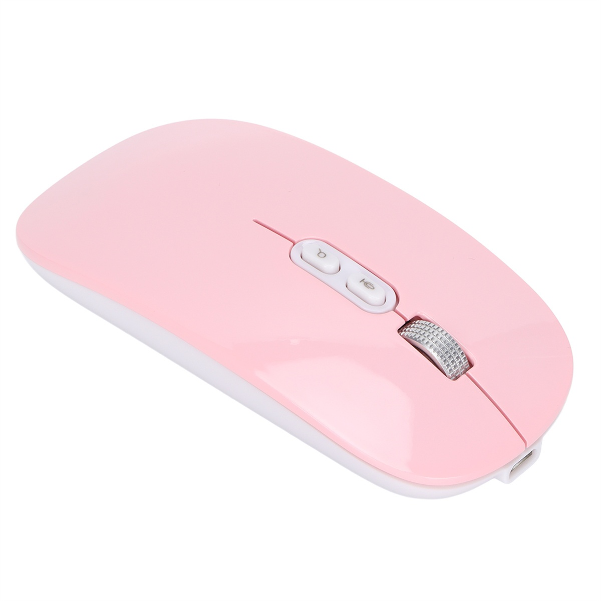 Eine rosa Computermaus mit zwei Tasten und einem Scrollrad. Die Maus ist unten weiß.