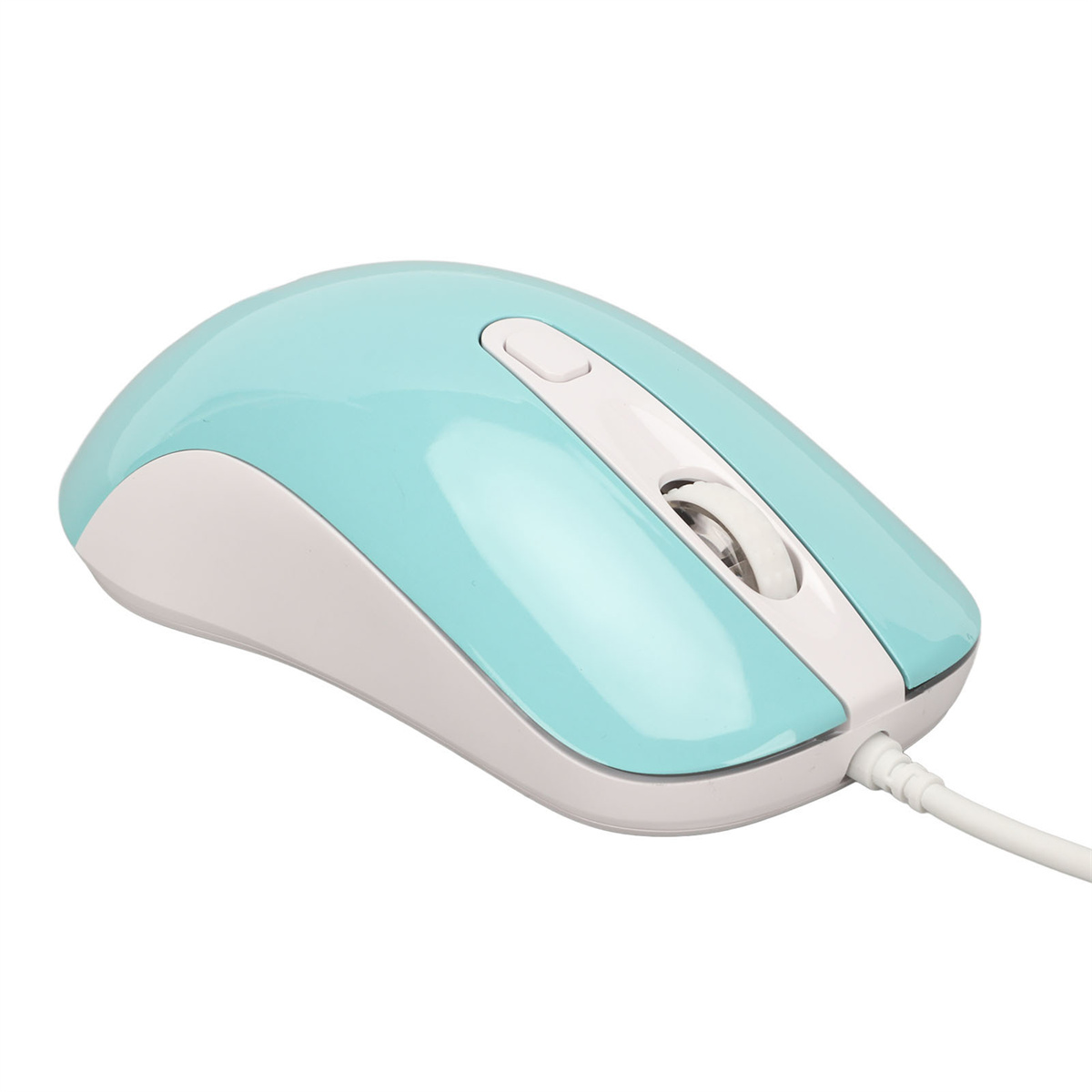 Blau-weiße Computermaus mit Scrollrad und weißem Kabel.