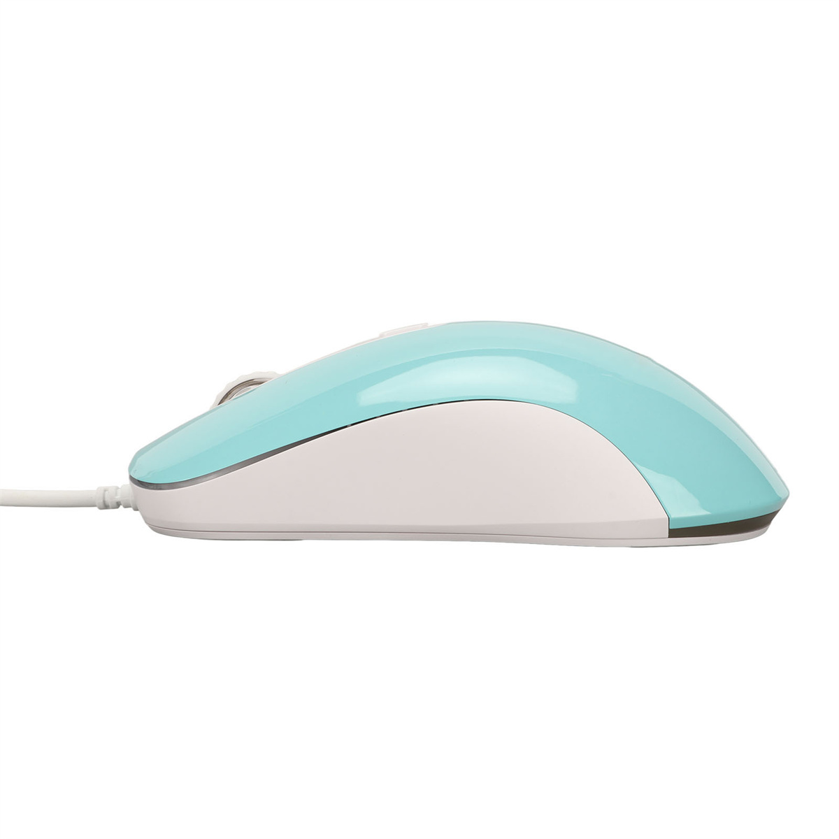 Türkis-weiße Computermaus mit weißem Kabel, von der Seite vor weißem Hintergrund betrachtet.