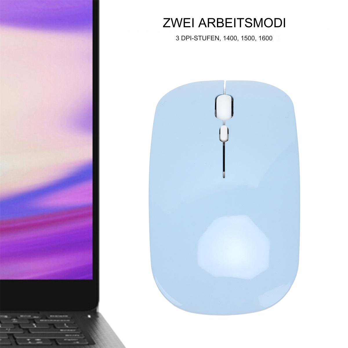Blaue kabellose Maus auf weißem Untergrund. Links ein Laptop. Deutscher Text oben.