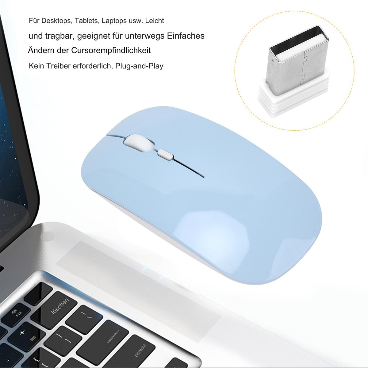 Eine blaue kabellose Maus auf einer Laptop-Tastatur, mit einem Dongle an der Seite.