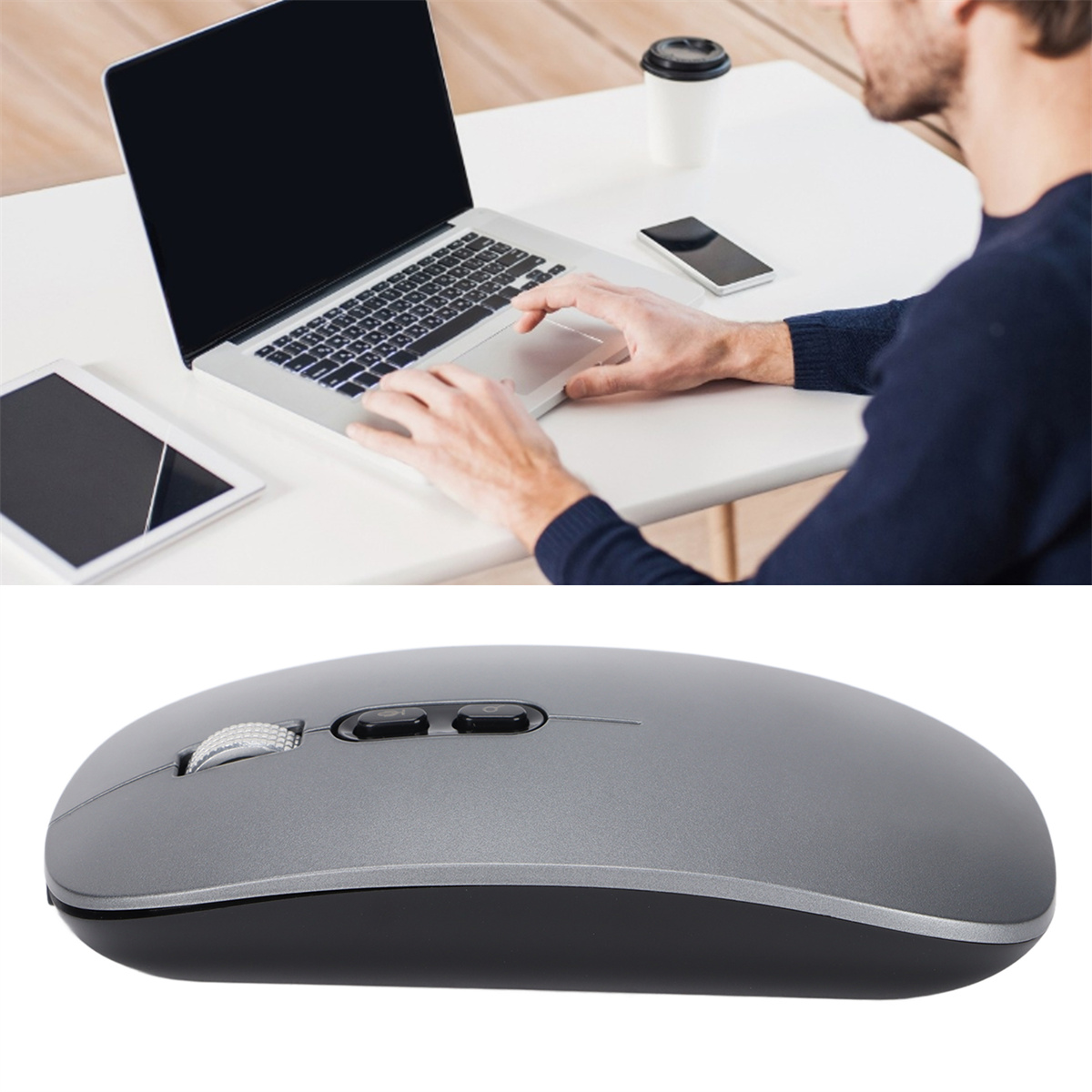 Eine Person benutzt einen Laptop, ein Tablet und ein Telefon auf einem weißen Schreibtisch. Eine graue Maus ist im Vordergrund.