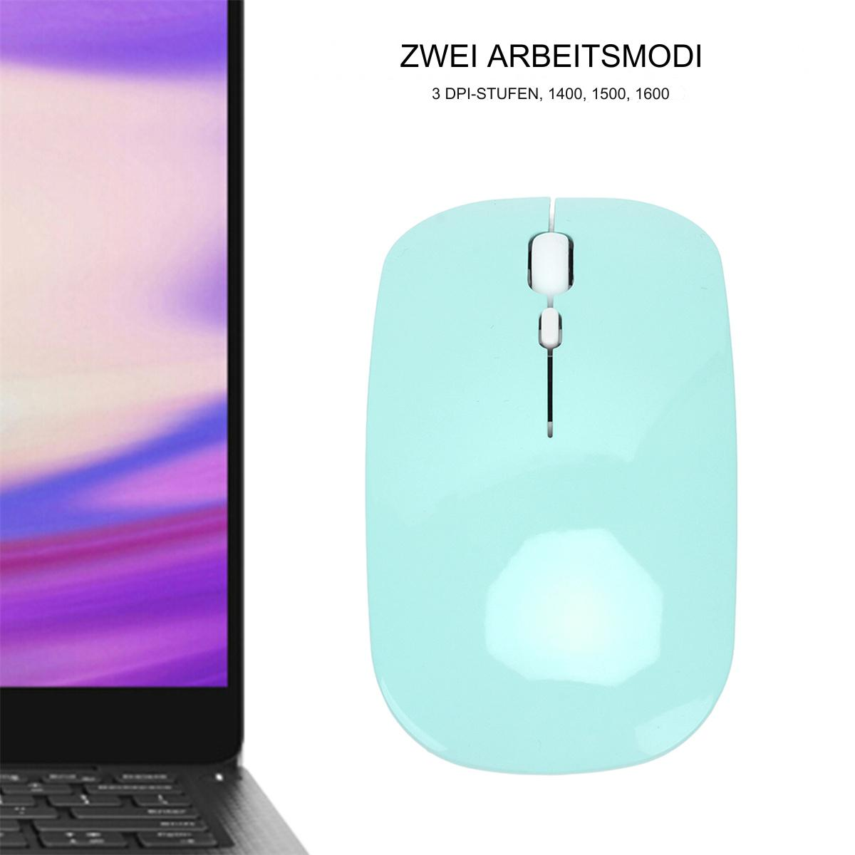 Eine hellblaue Maus mit zwei Tasten und einem Scrollrad, neben einem Laptop.