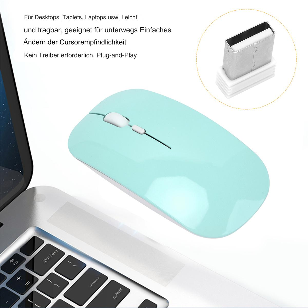 Blaue kabellose Maus mit weißem Scrollrad. Schwarze Tastatur und Laptop im Hintergrund.