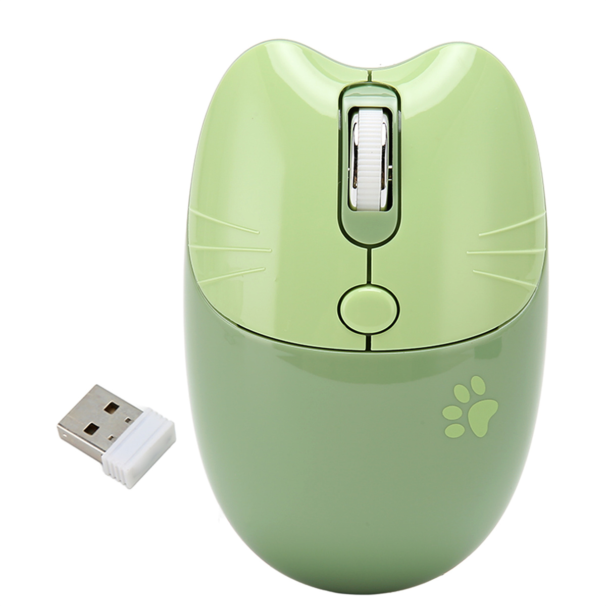 Eine grüne, katzenförmige, kabellose Maus mit USB-Empfänger, auf weißem Hintergrund.