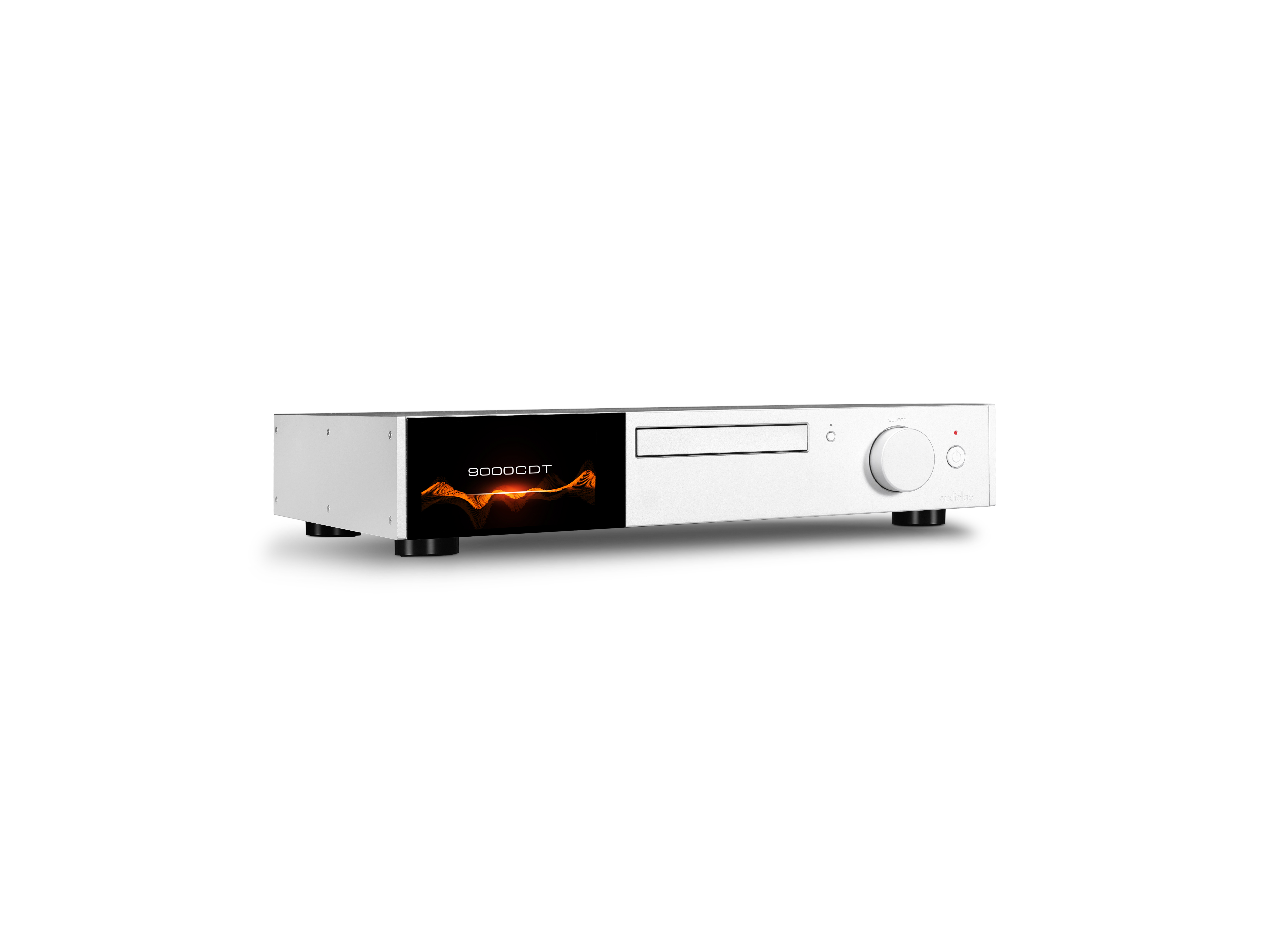 White audio CD player with a black screen and a silver button.