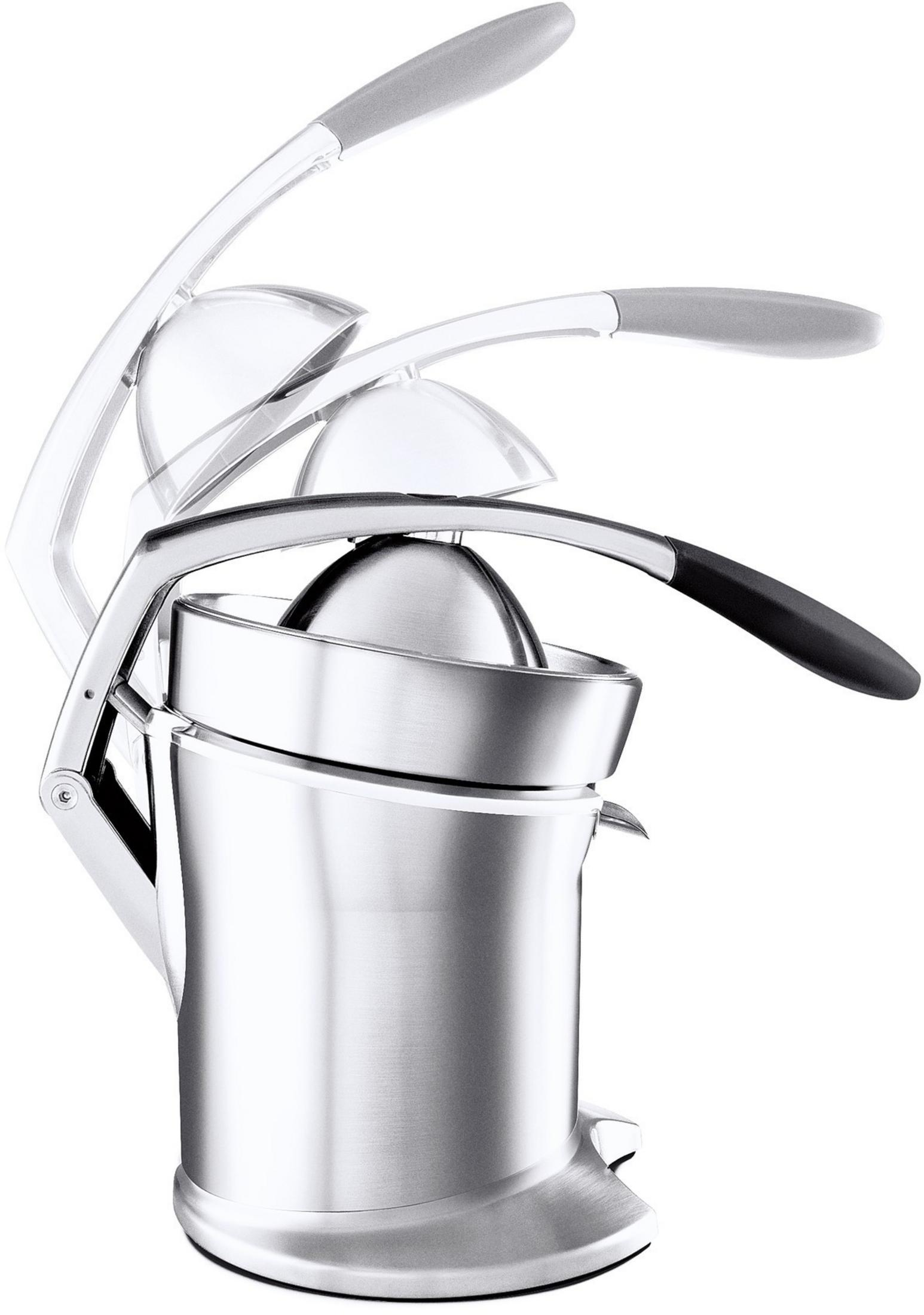 Wykonana ze stali nierdzewnej wyciskarka do cytrusów z szarymi uchwytami, na białym tle.