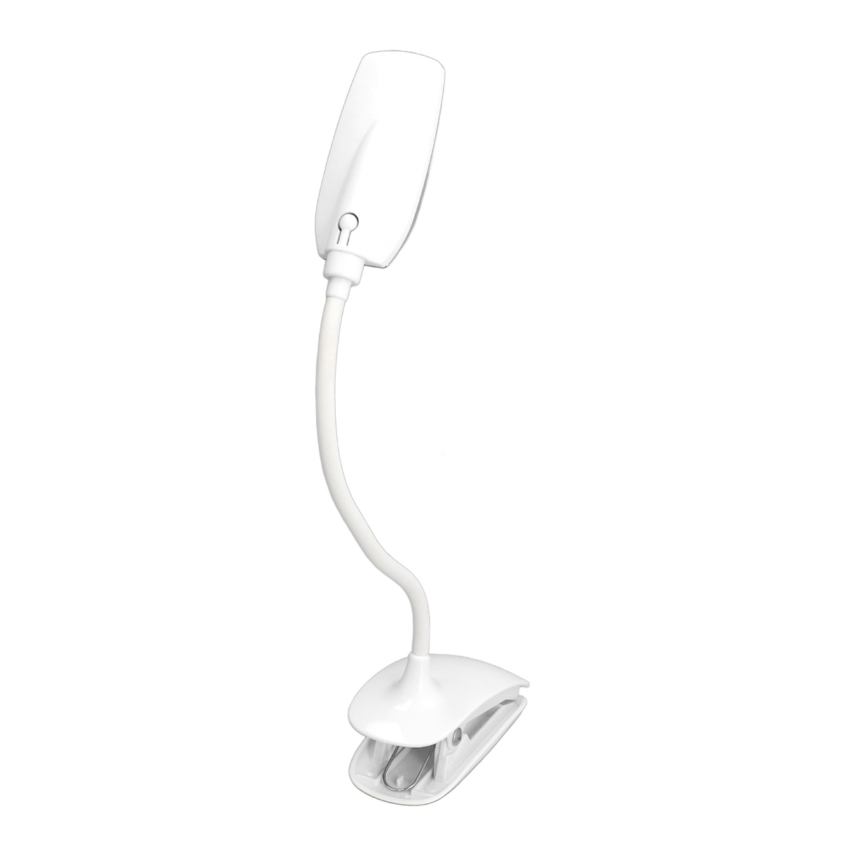 Weiße LED-Klemmlampe. Sie hat einen flexiblen Hals und einen Klemmfuß.