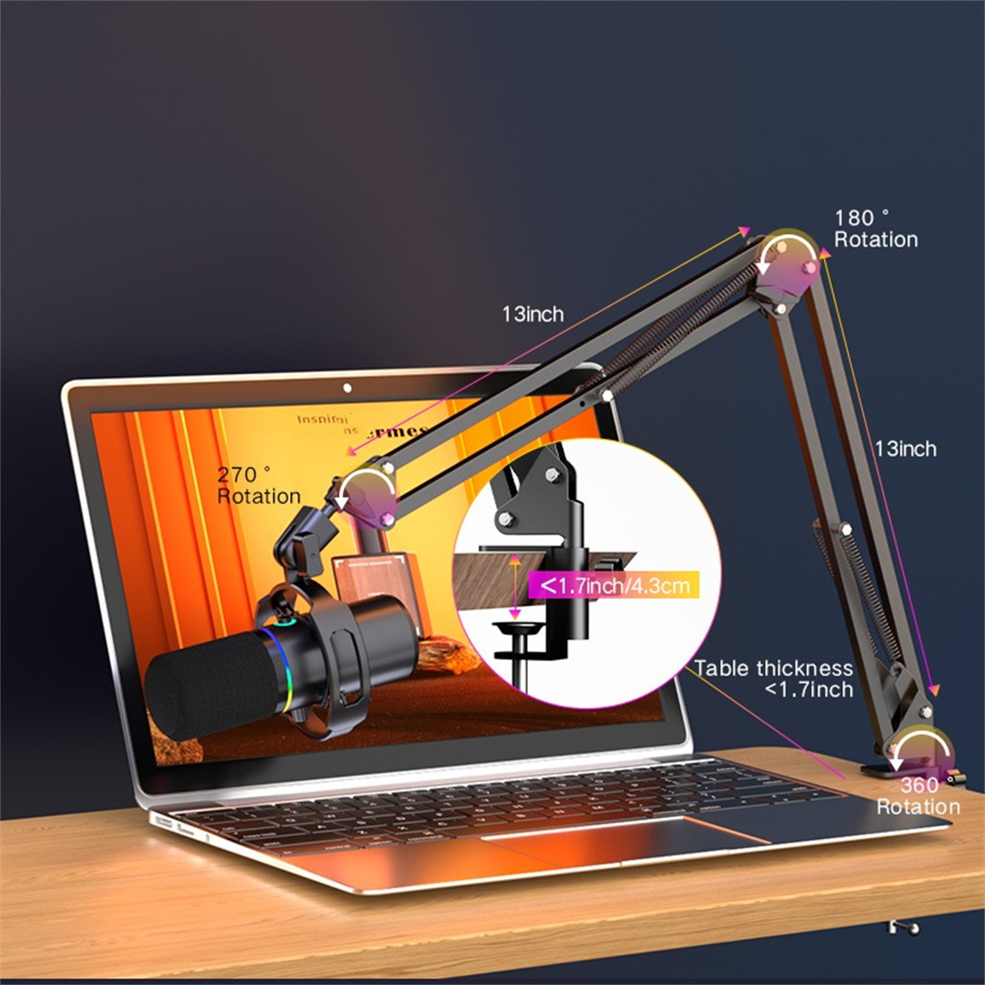Mikrofon-Arm-Setup. Mikrofon auf einem Ständer, verbunden mit einem Laptop, mit Messungen.