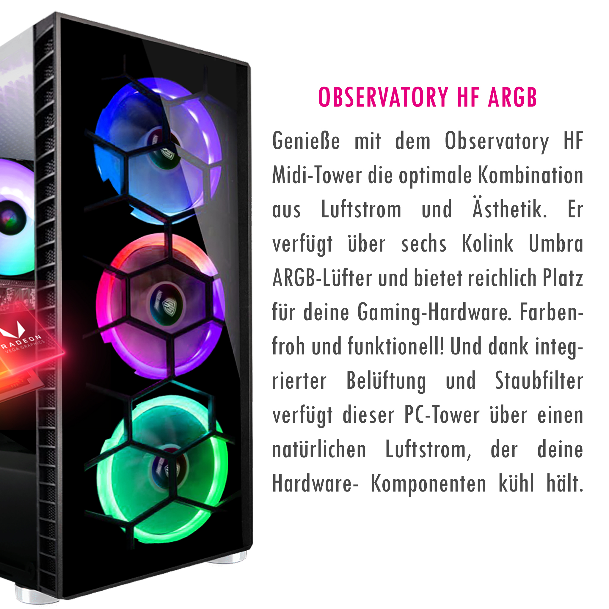 Ein Computergehäuse mit bunten Lüftern. Die Lüfter sind mit blauen, lila und grünen Lichtern beleuchtet.