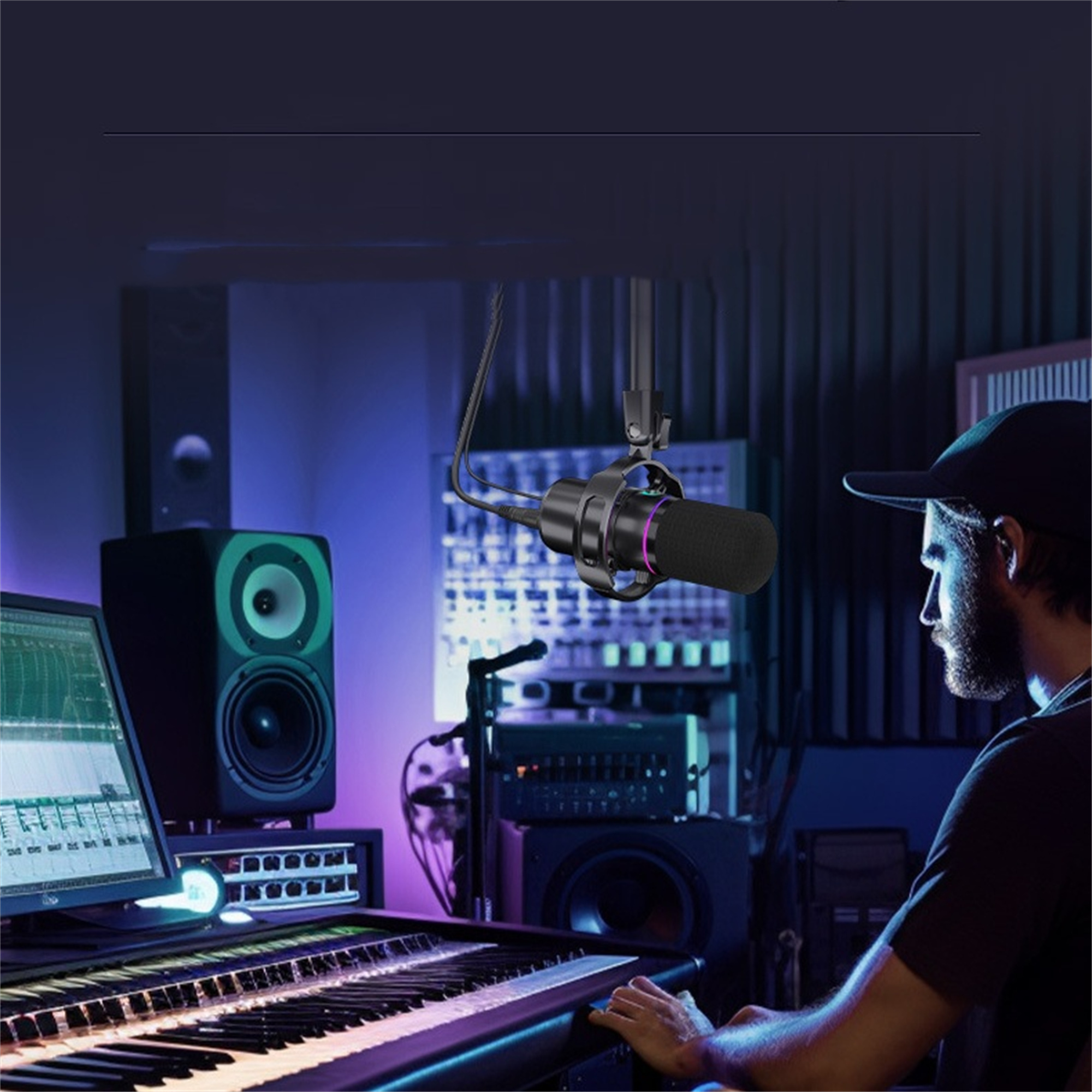 Ein Mann in einem Aufnahmestudio, mit Mikrofon, Keyboard und Lautsprechern.